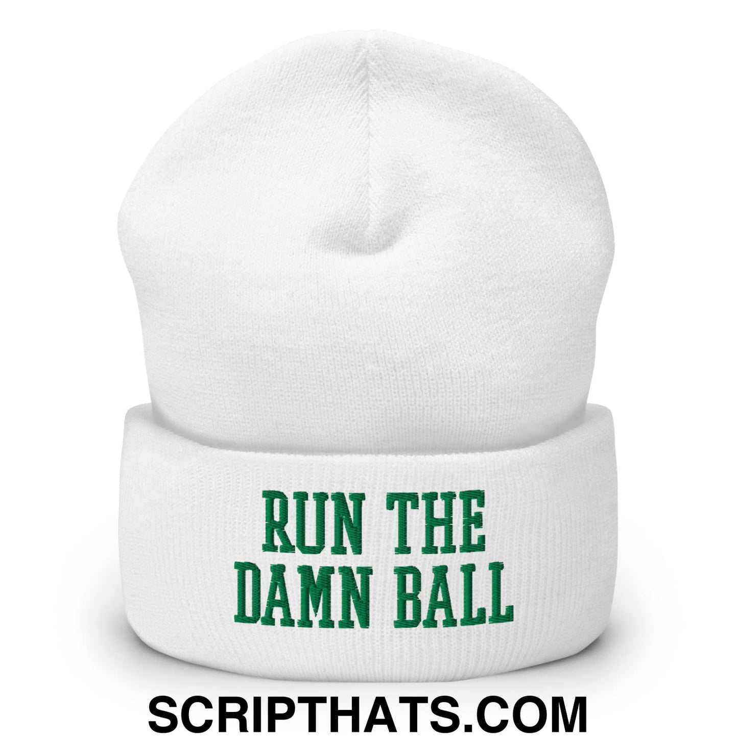 Run The Damn Ball Green Embroidered Cuffed Knit Beanie White