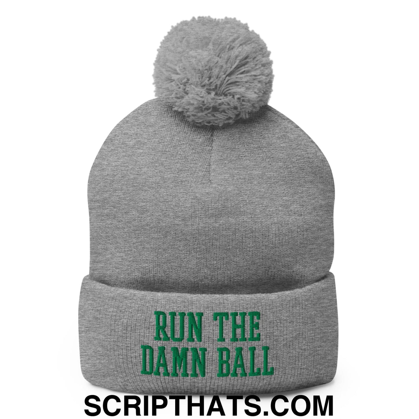 Run The Damn Ball Green Embroidered Pom Pom Knit Beanie Heather Grey