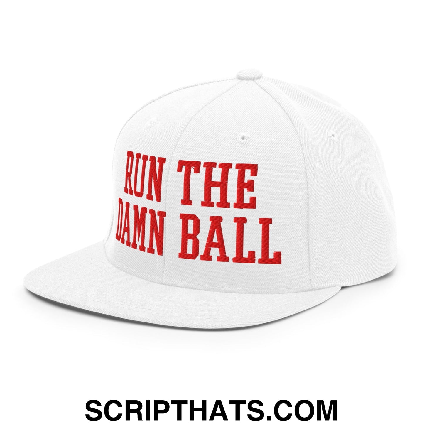 White snapback cap with bold red embroidered run the damn ball text and flat bill brim for casual wear