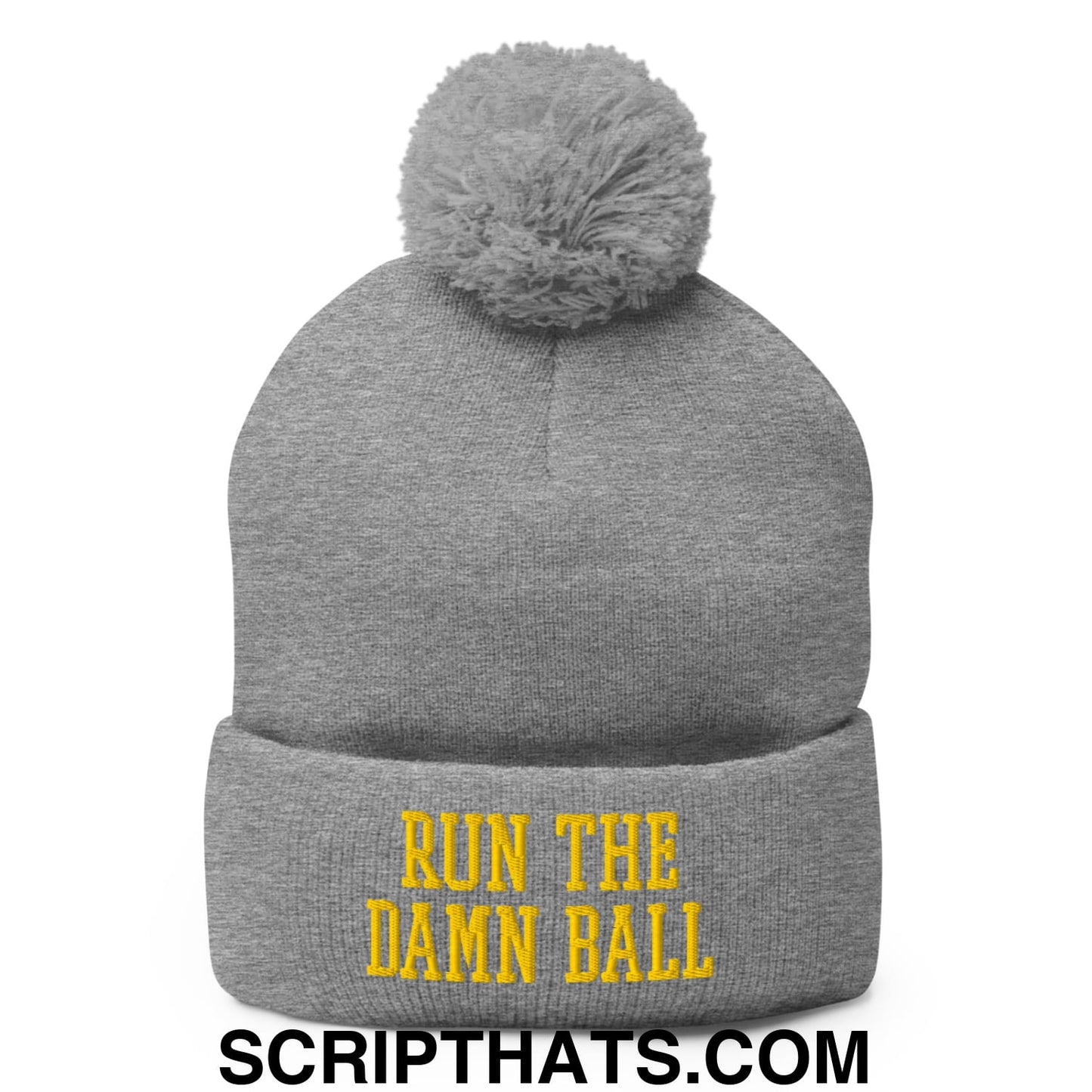 Run The Damn Ball Yellow Embroidered Pom Pom Knit Beanie Heather Grey