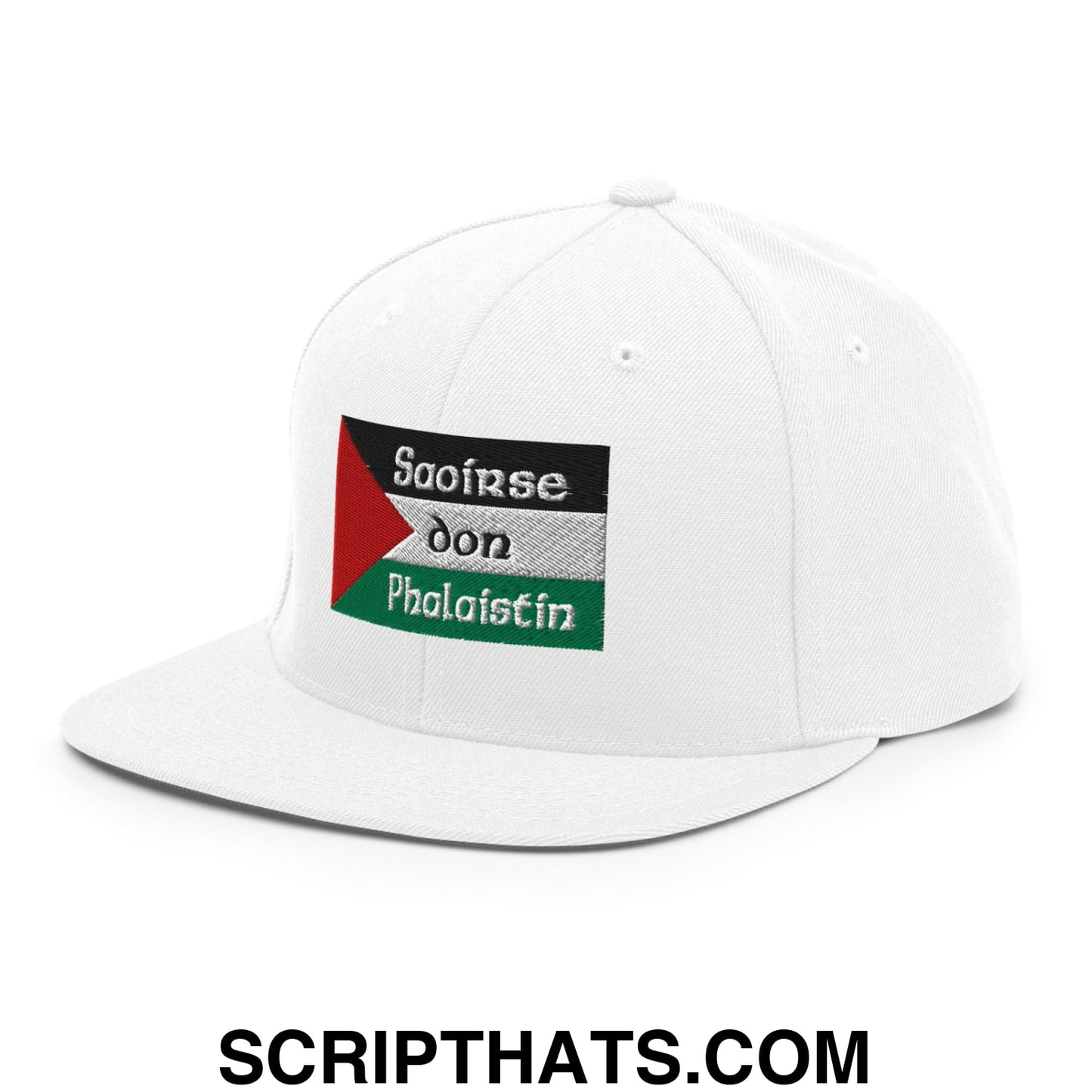 White snapback cap with embroidered palestinian flag patch and irish gaelic text flat bill brim design