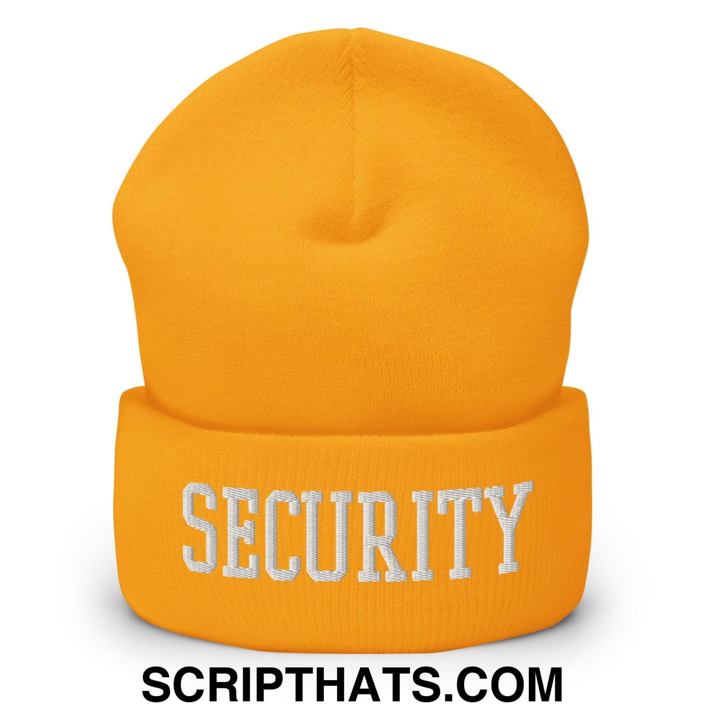 Bright orange knit cuffed beanie with security embroidered in white for uniform work use