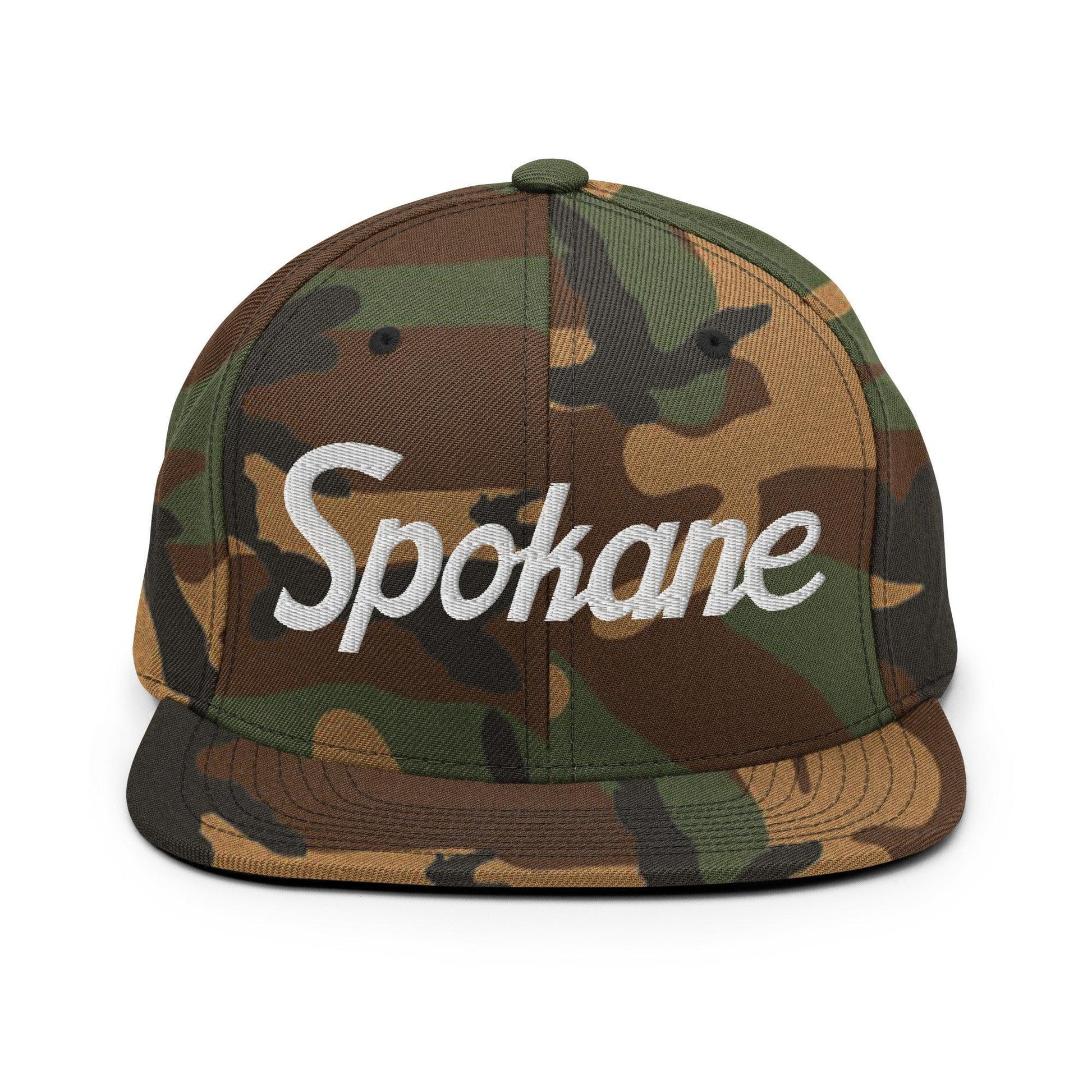 Spokane Script Snapback Hat Green Camo