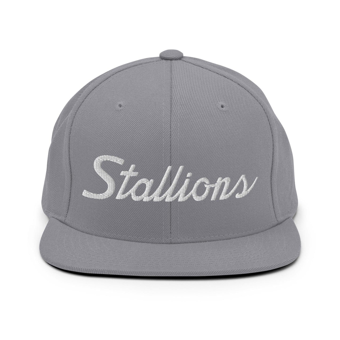 Stallions School Mascot Script Snapback Hat Silver