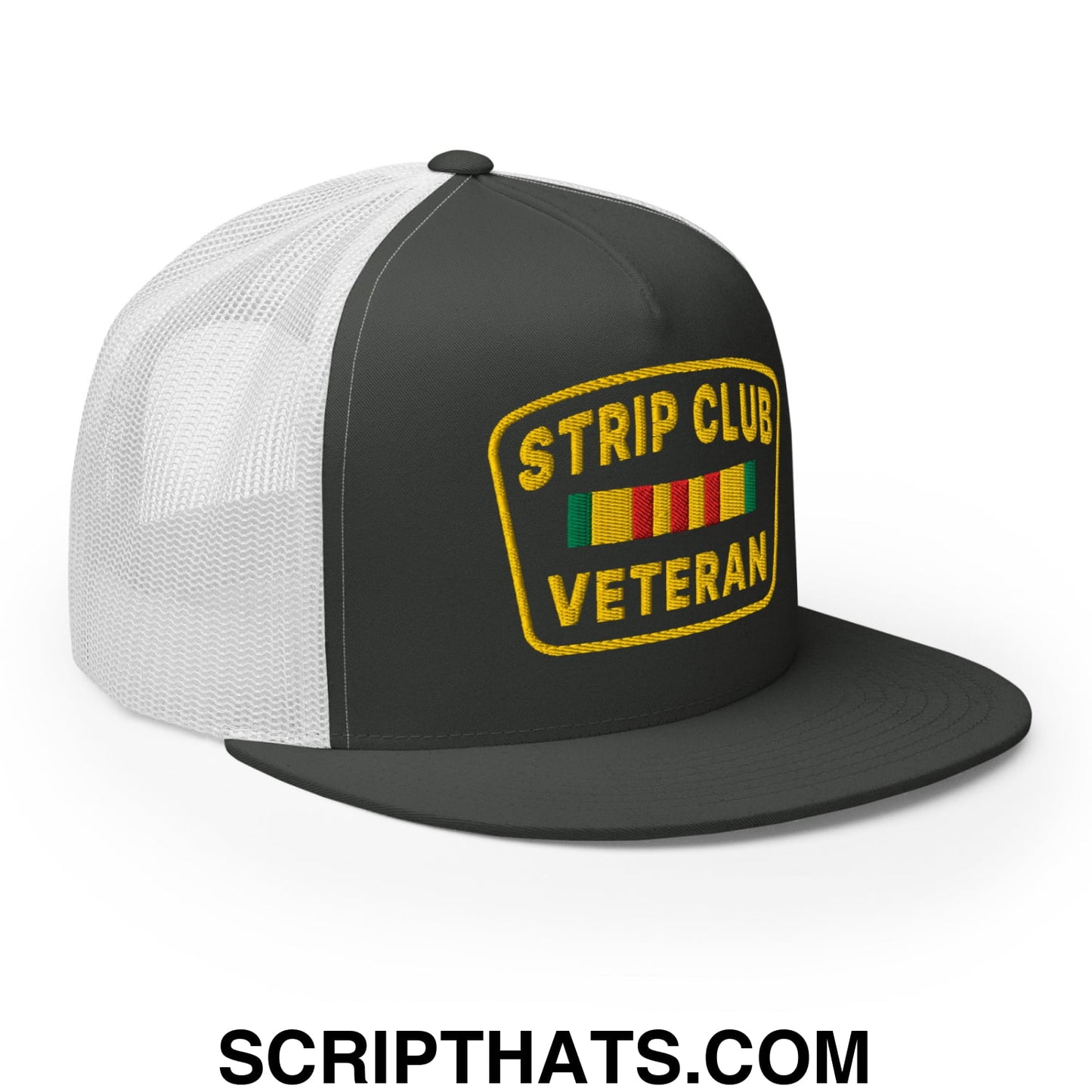 Strip Club Veteran Embroidered Flat Bill Brim Mesh Trucker Hat Charcoal White