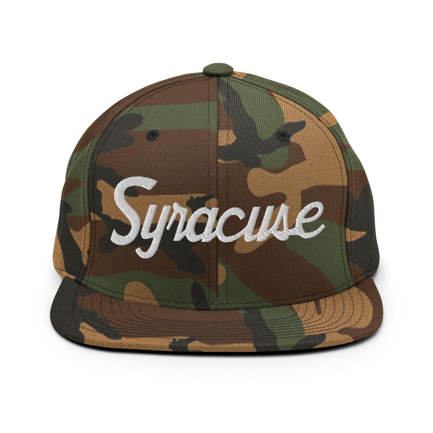 Syracuse Script Snapback Hat Green Camo