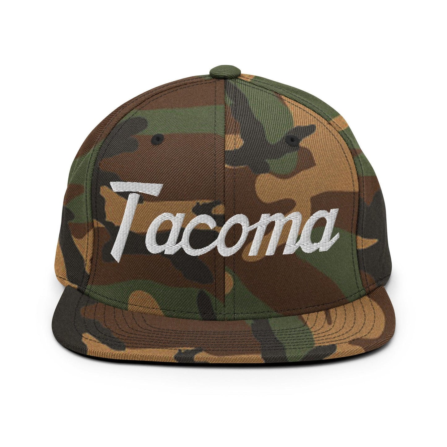 Tacoma Script Snapback Hat Green Camo