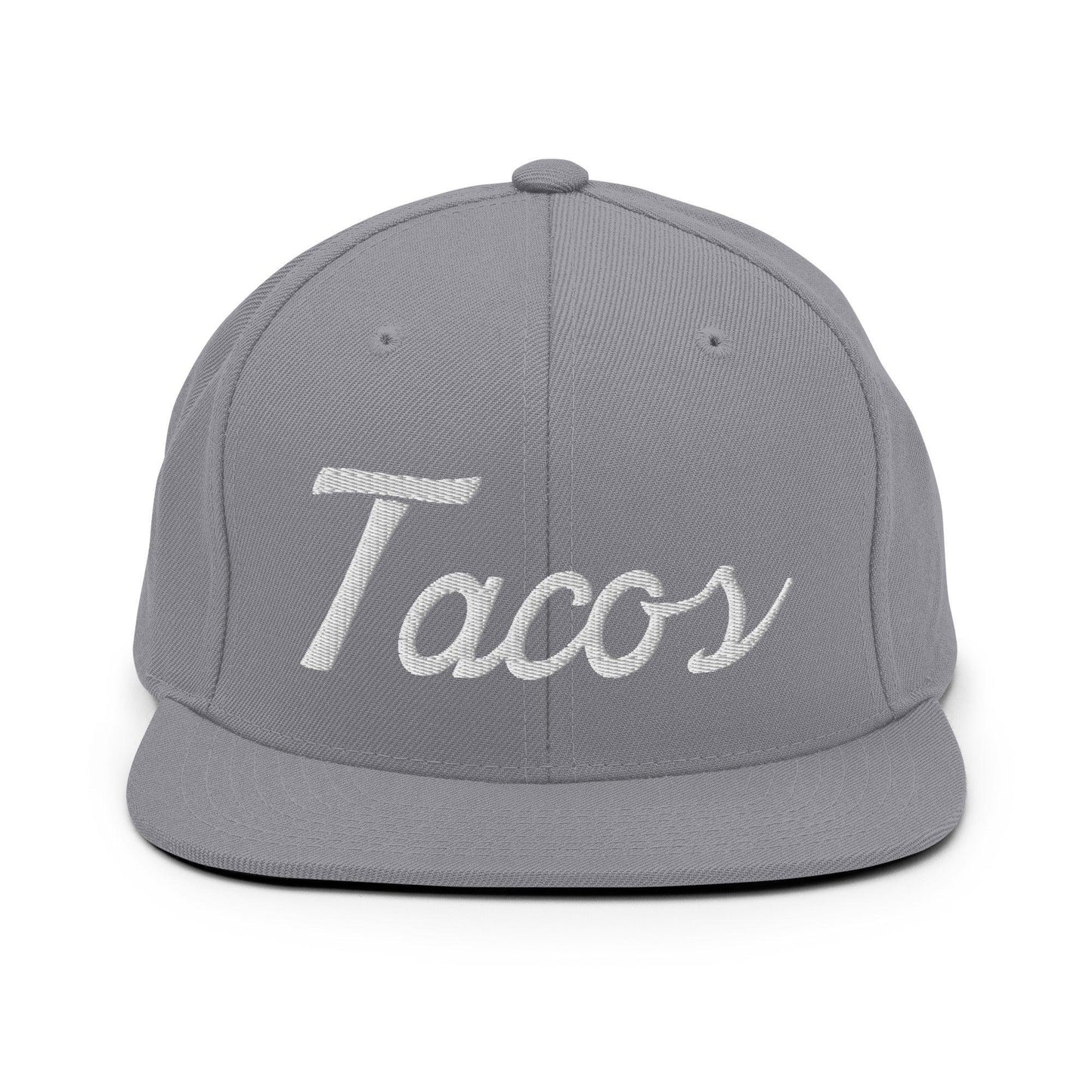 Tacos II Script Snapback Hat Silver