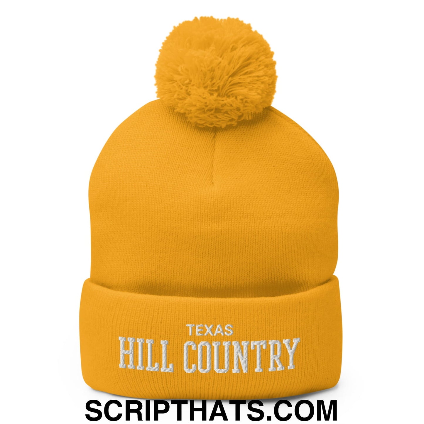 Texas Hill Country Varsity College Block Embroidered Knit Pom Pom Beanie Gold