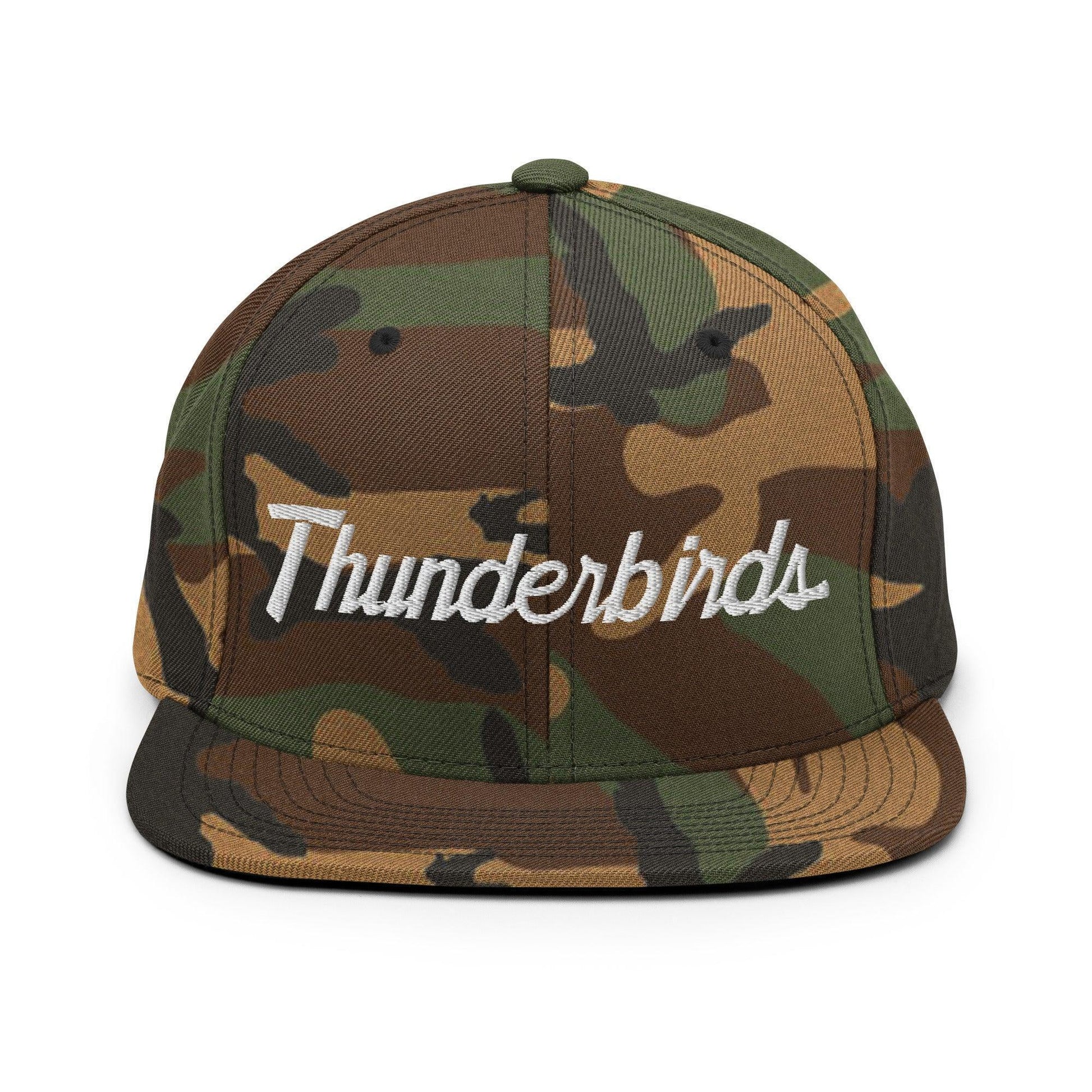 Thunderbirds School Mascot Script Snapback Hat Green Camo