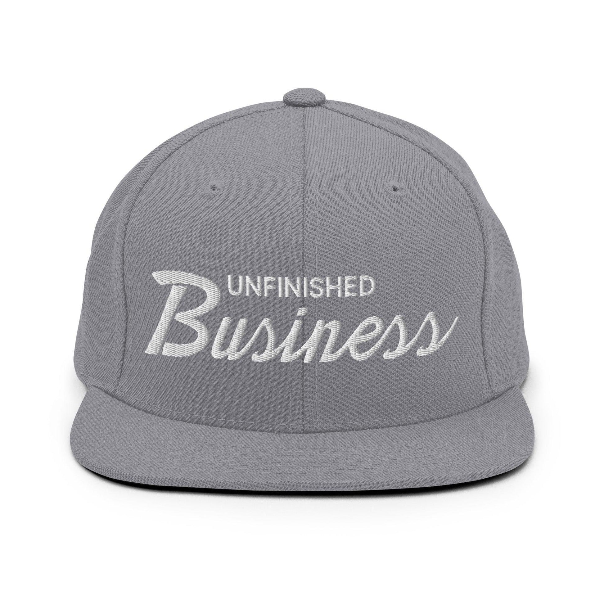 Unfinished Business Script Snapback Hat Silver