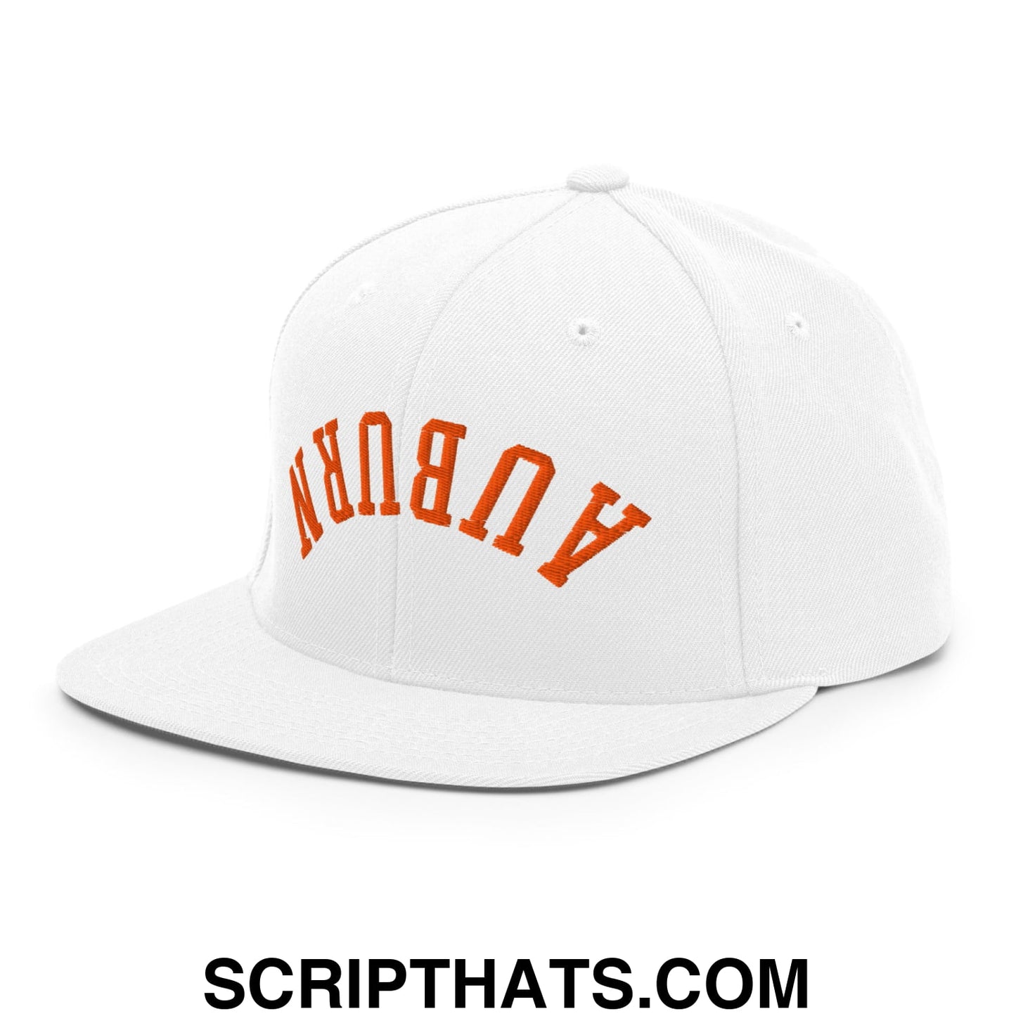 Upside Down Auburn Embroidered Flat Brim Bill Snapback Hat White