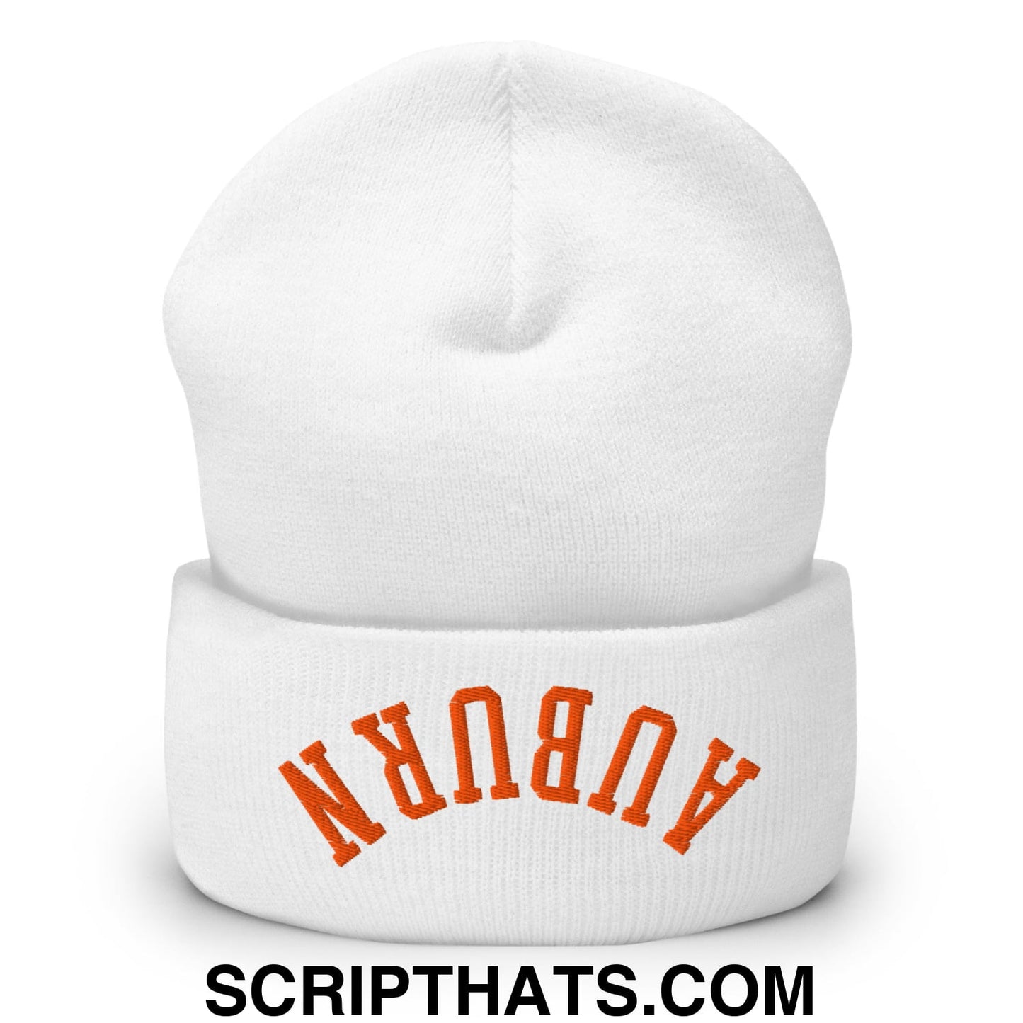 Upside Down Auburn Embroidered Knit Cuffed Beanie White