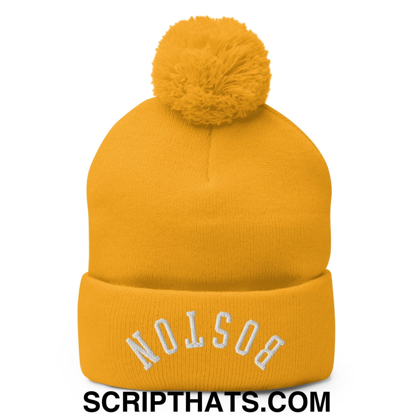 Upside Down Boston Embroidered Pom Pom Knit Beanie Gold