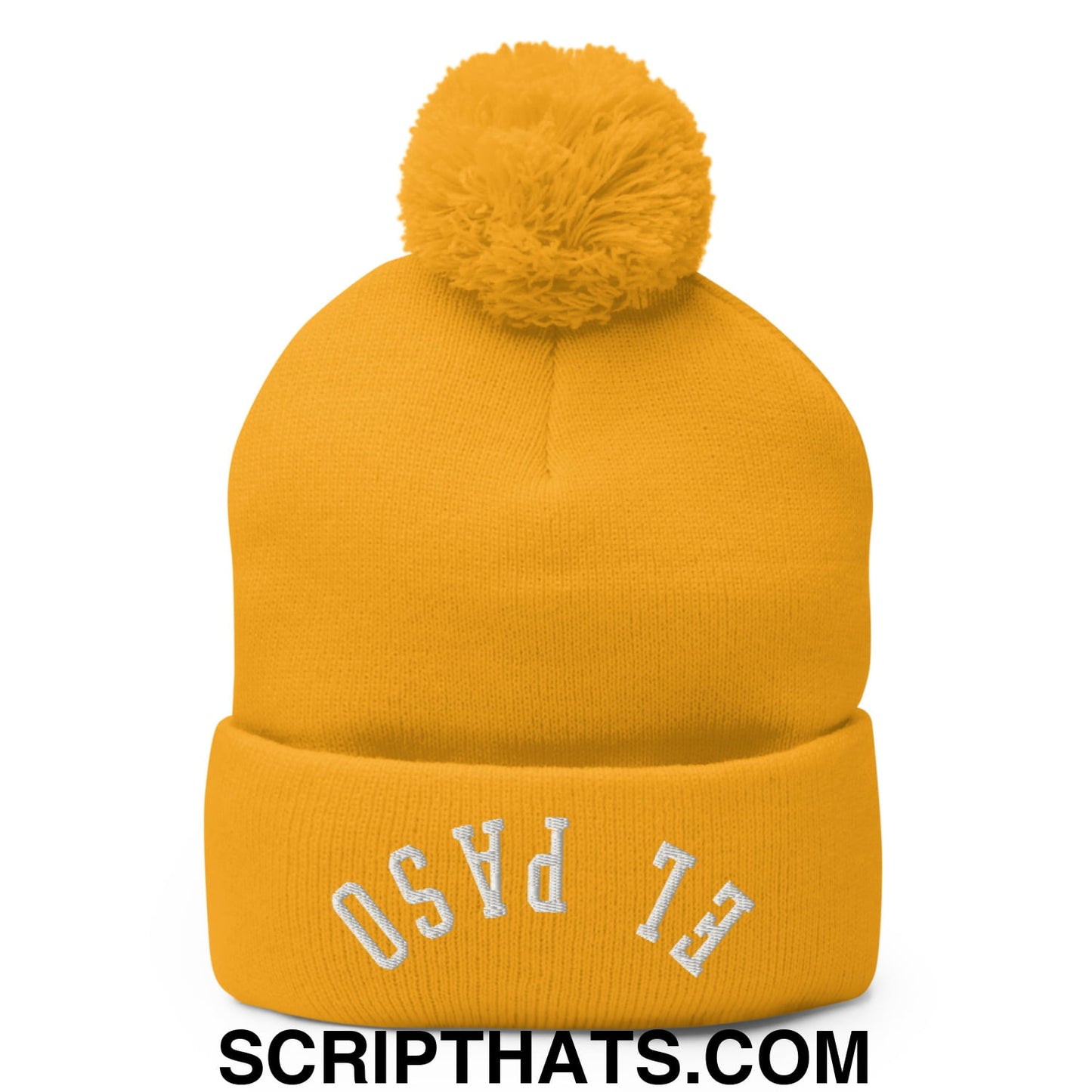 Upside Down El Paso Embroidered Pom Pom Knit Beanie Gold