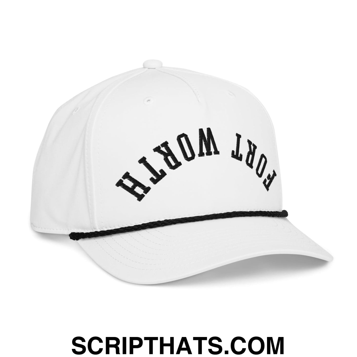 Upside Down Fort Worth Embroidered 5 Panel Rope Hat White Black