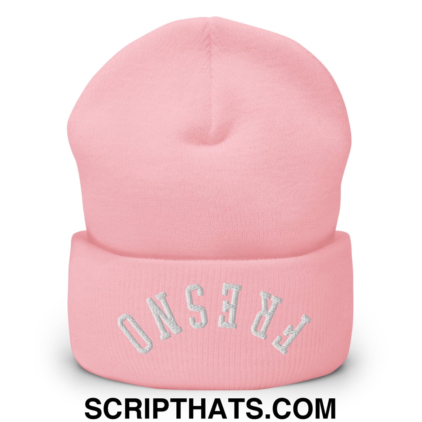 A soft pink knit cuffed beanie with upside down fresno embroidered in silver thread across the brim