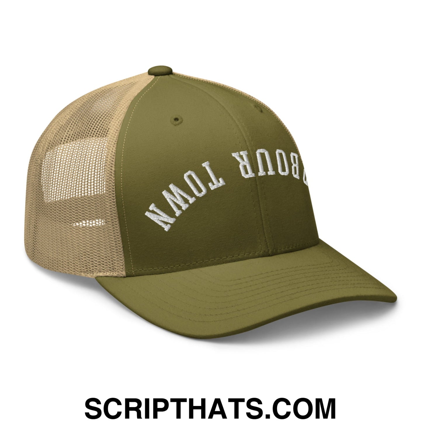 Upside Down Harbour Town Embroidered Mesh Trucker Hat Moss Khaki