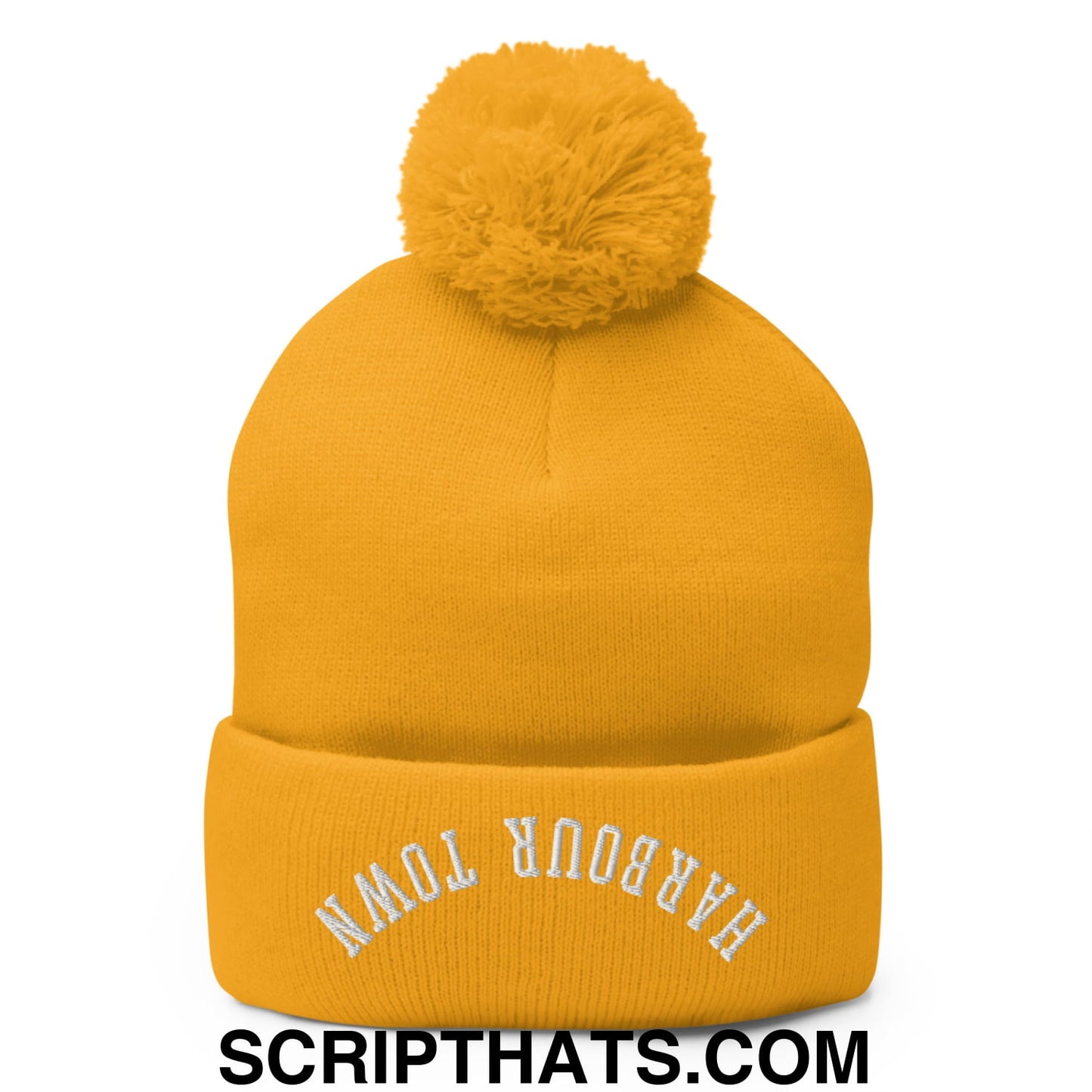 Upside Down Harbour Town Embroidered Pom Pom Knit Beanie Gold