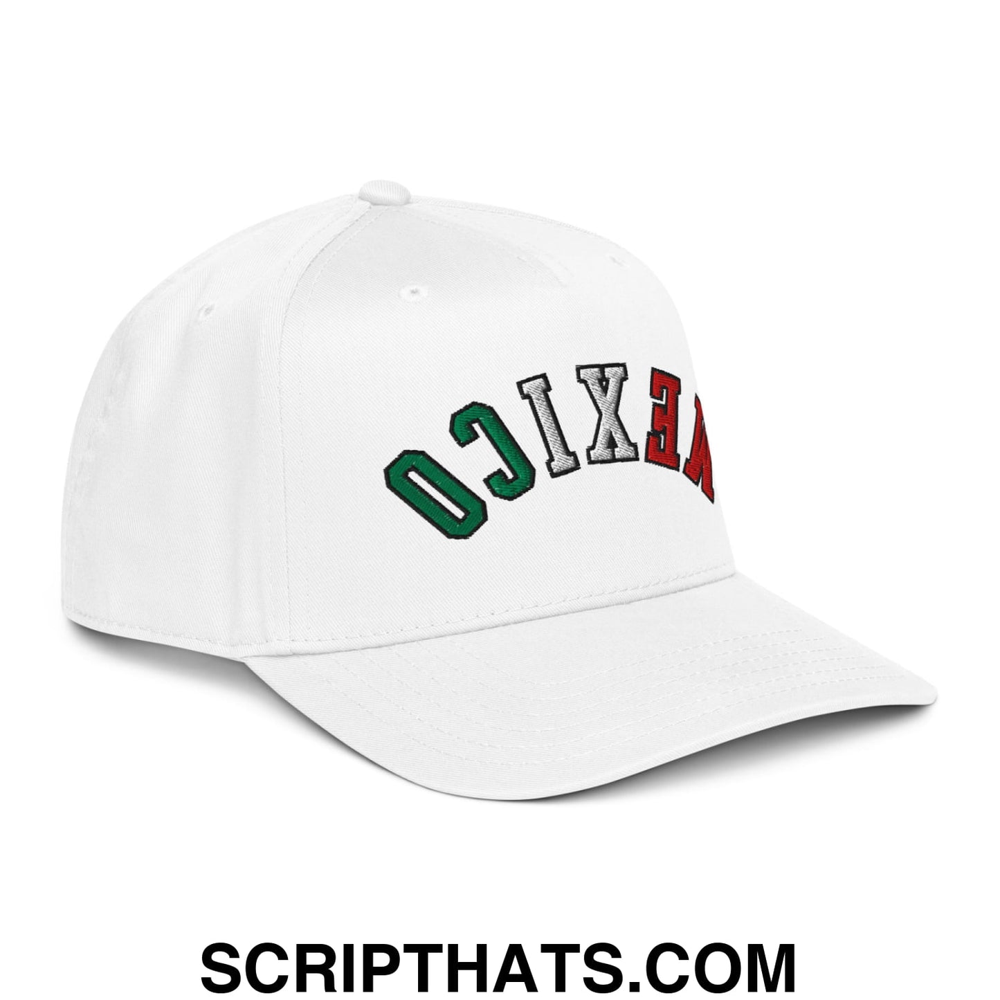 White baseball snapback hat with upside down mexico embroidered in green gray and red lettering