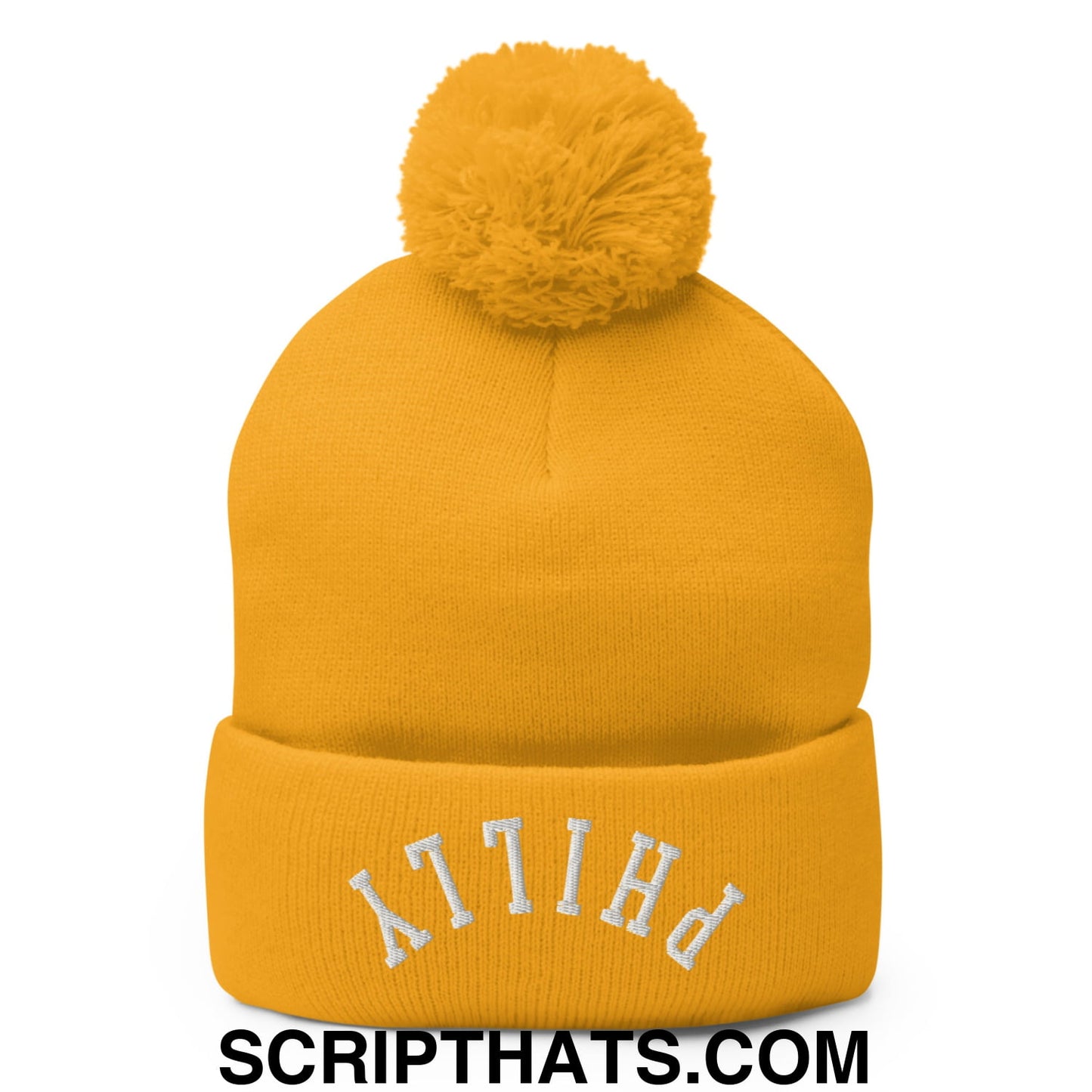 Upside Down Philly Embroidered Pom Pom Knit Beanie Gold