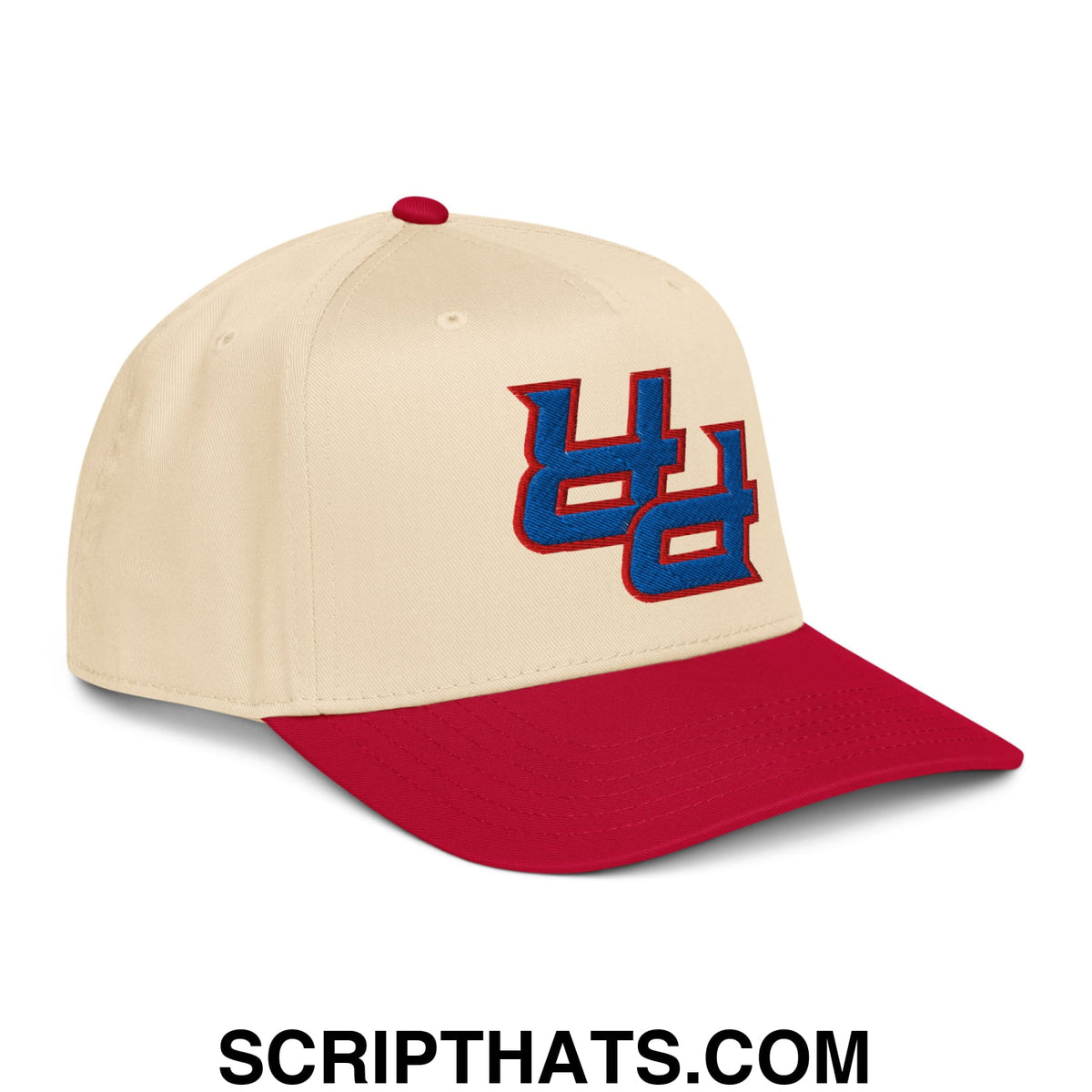 Cream-colored baseball cap with red brim and blue uc logo outlined in red embroidered on the front by Upside Down PR Puerto Rico