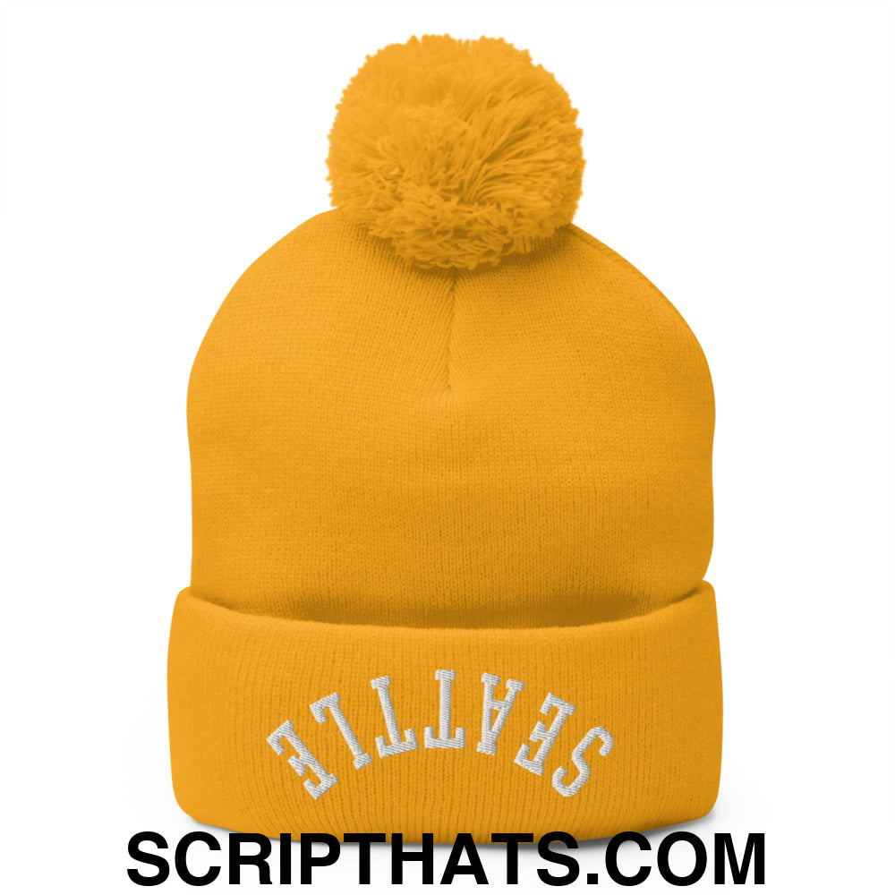 Upside Down Seattle Embroidered Pom Pom Knit Beanie Gold