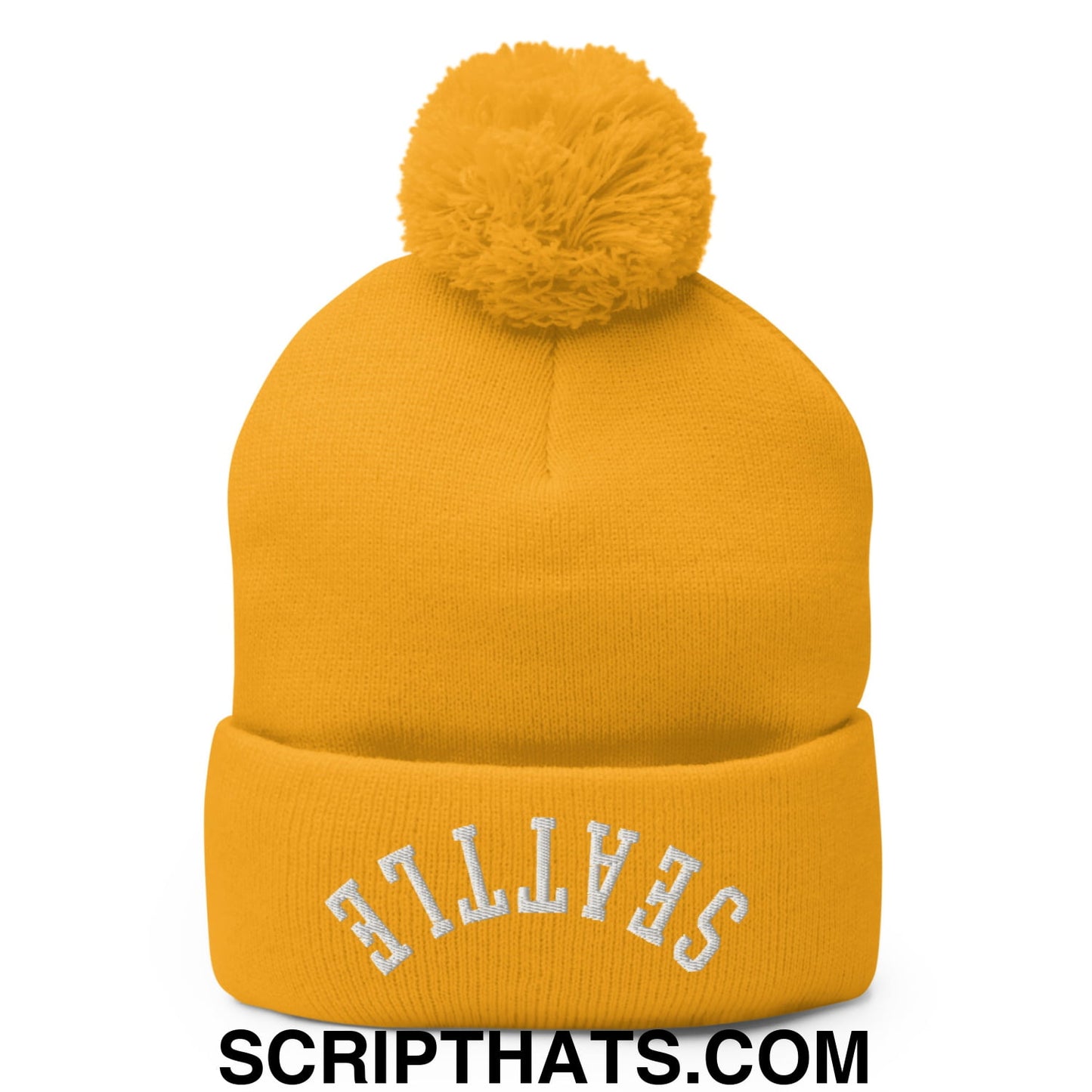 Upside Down Seattle Embroidered Pom Pom Knit Beanie Gold