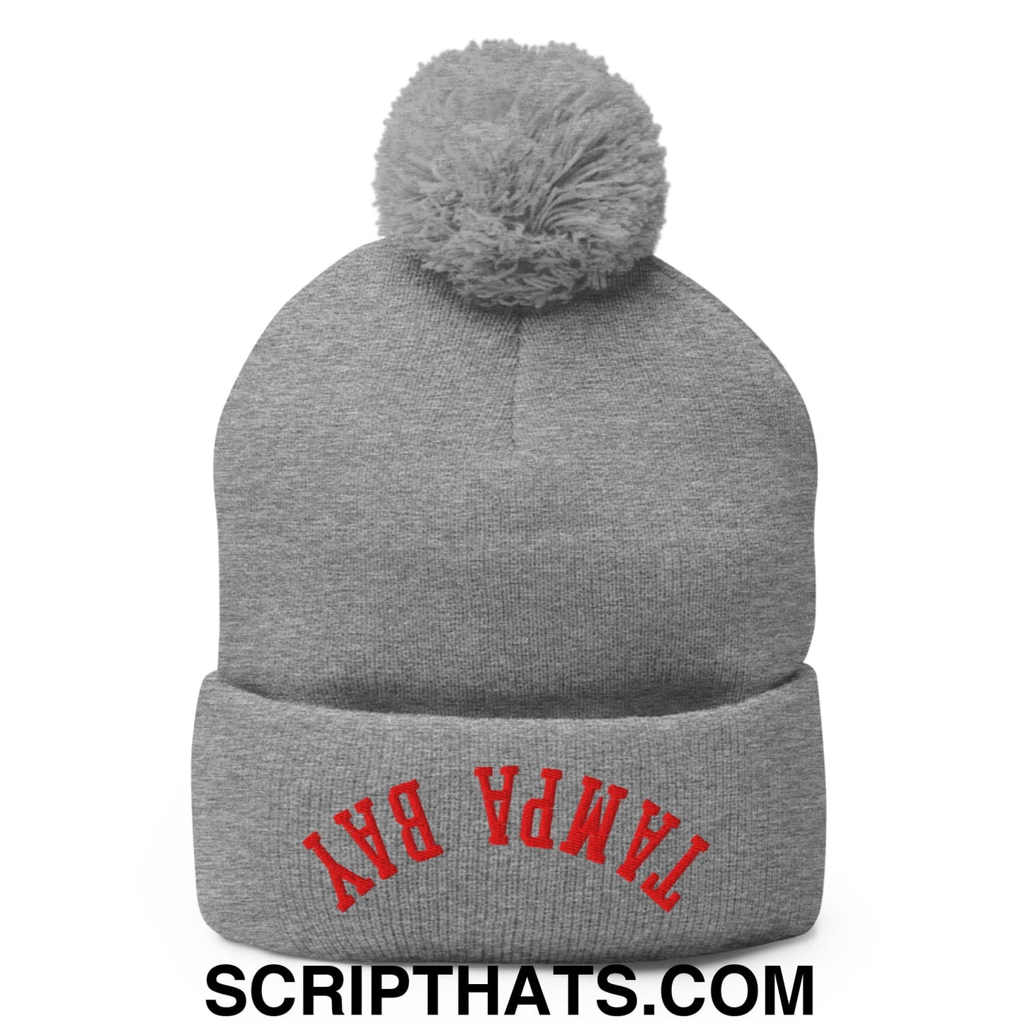 Upside Down Tampa Bay Football Embroidered Pom Pom Knit Beanie Heather Grey