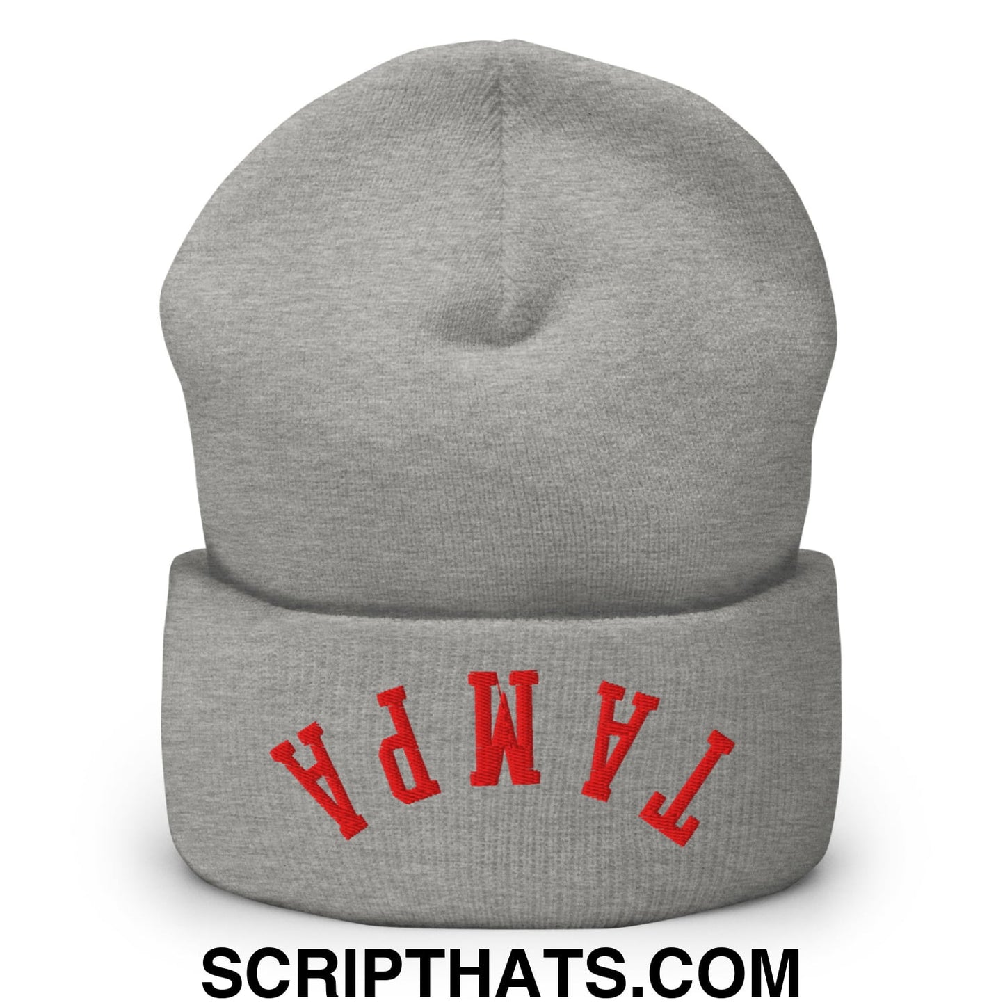 Upside Down Tampa Football Embroidered Cuffed Knit Beanie Heather Grey