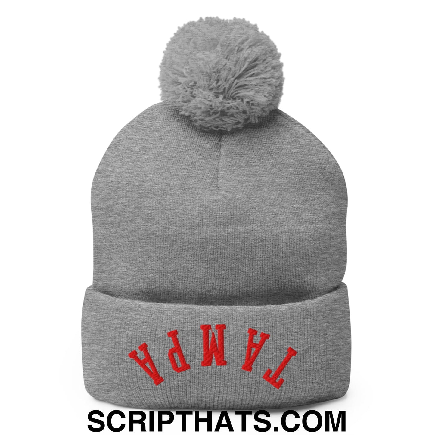 Upside Down Tampa Football Embroidered Pom Pom Knit Beanie Heather Grey