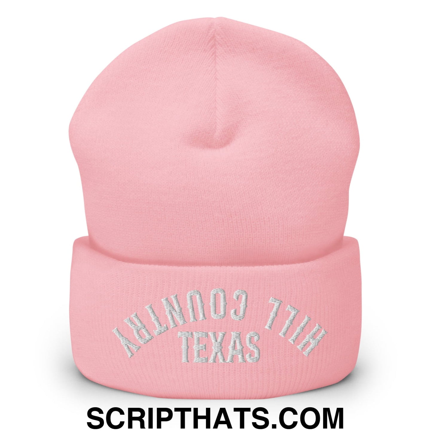 Upside Down Texas Hill Country Embroidered Knit Cuffed Beanie Baby Pink