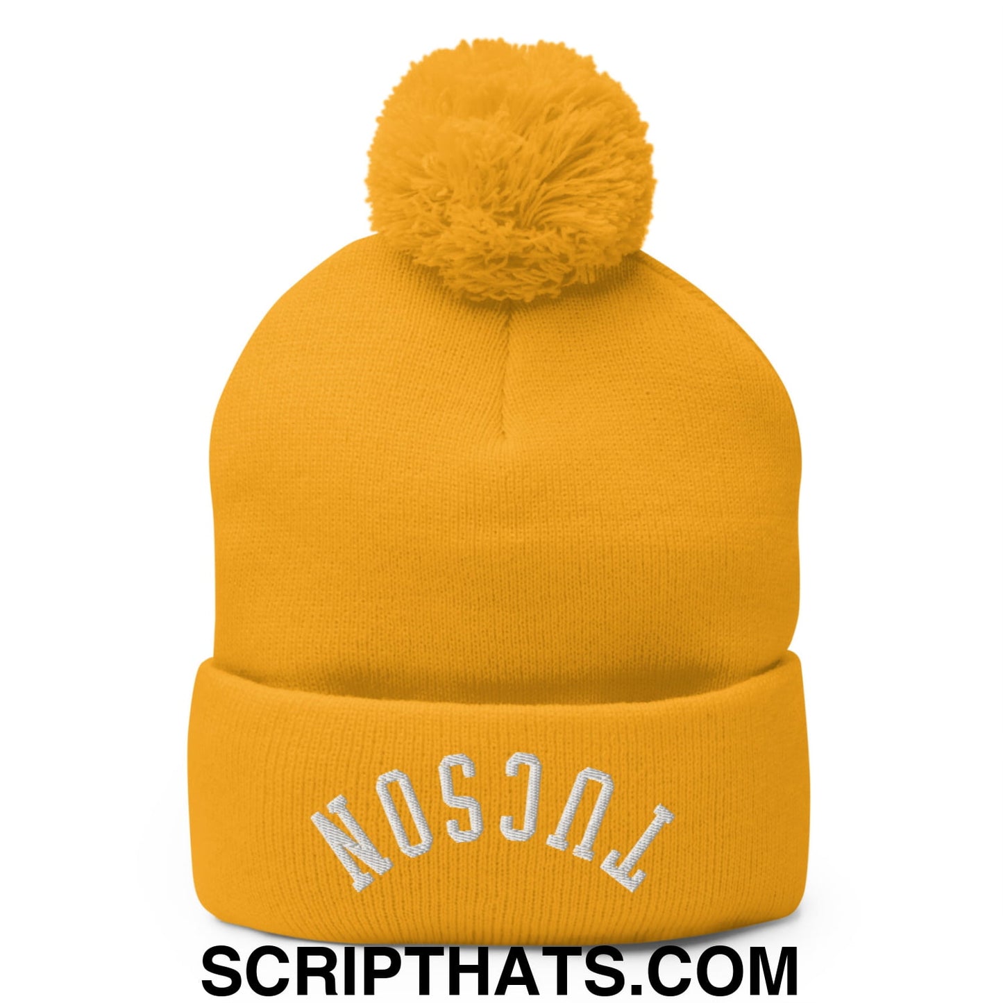Upside Down Tucson Embroidered Pom Pom Knit Beanie Gold