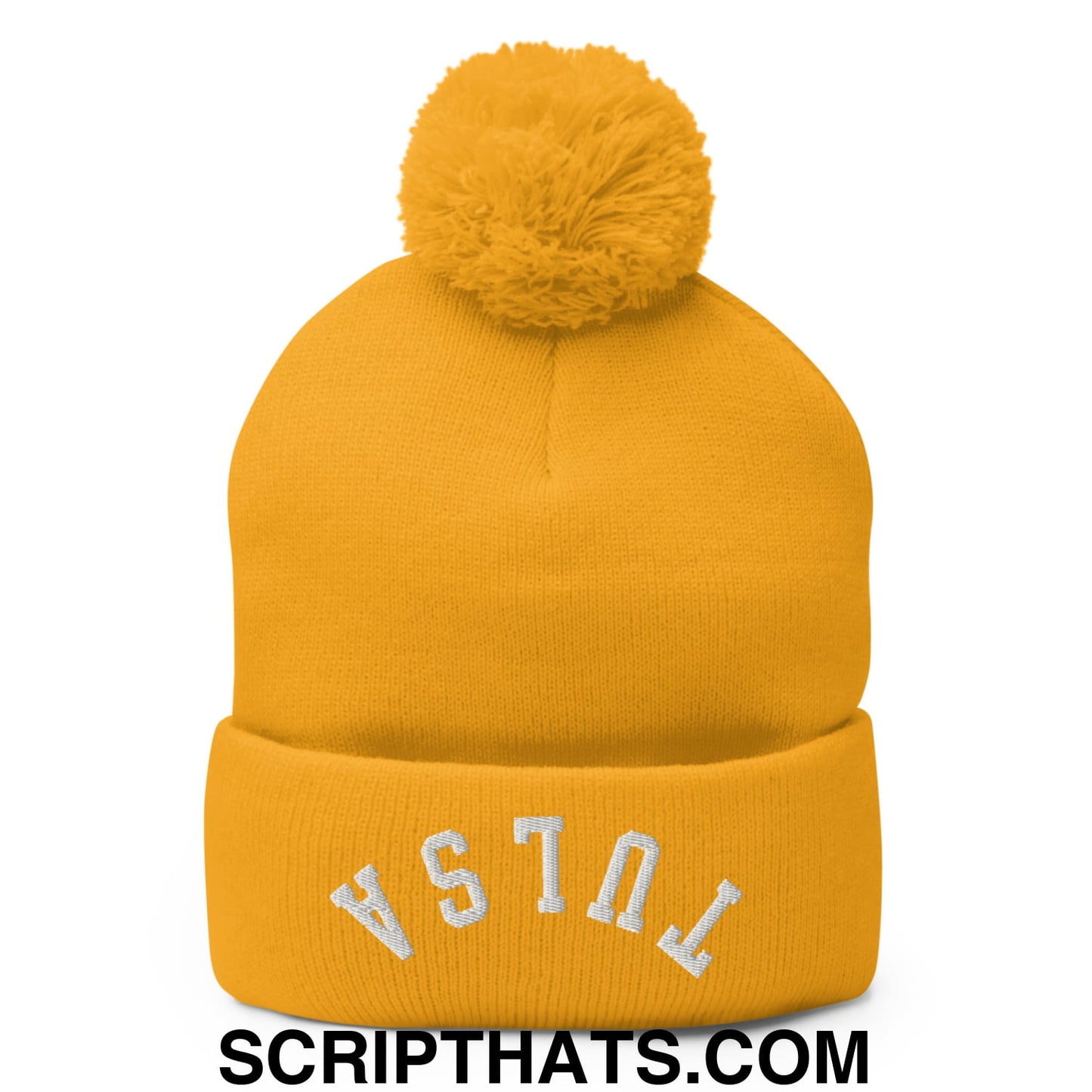 Upside Down Tulsa Embroidered Pom Pom Knit Beanie Gold