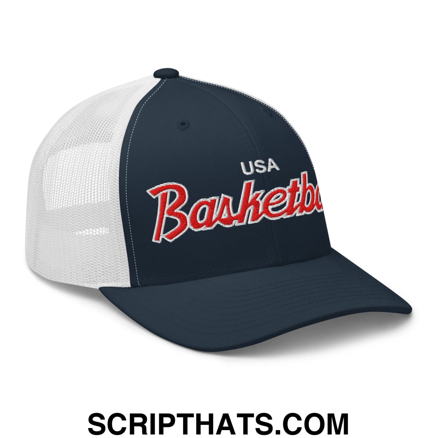 USA Basketball Olympics Vintage Sports Script Embroidered Mesh Trucker Hat Navy White