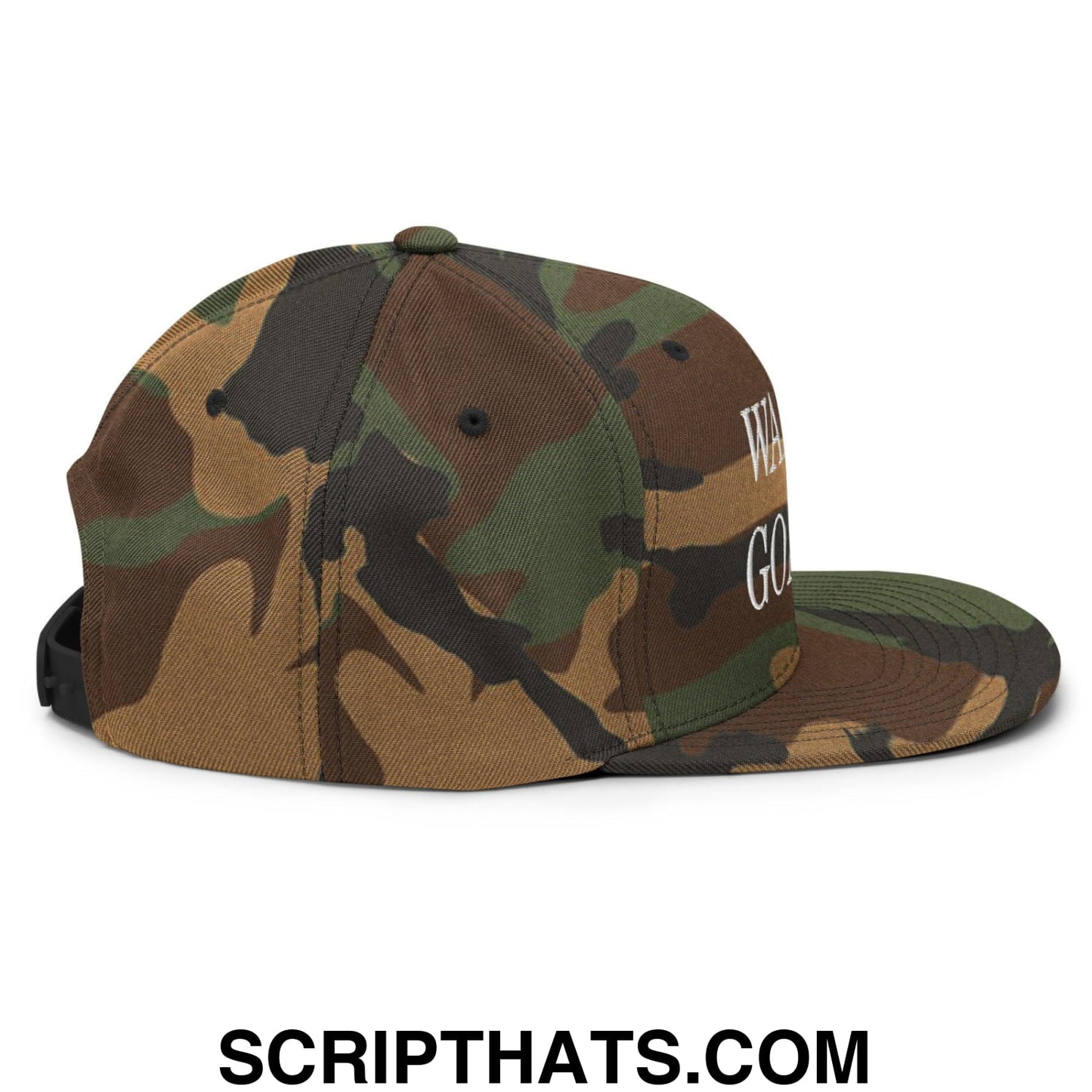 Wait I'm Goated Embroidered Flat Bill Brim Snapback Hat Green Camo