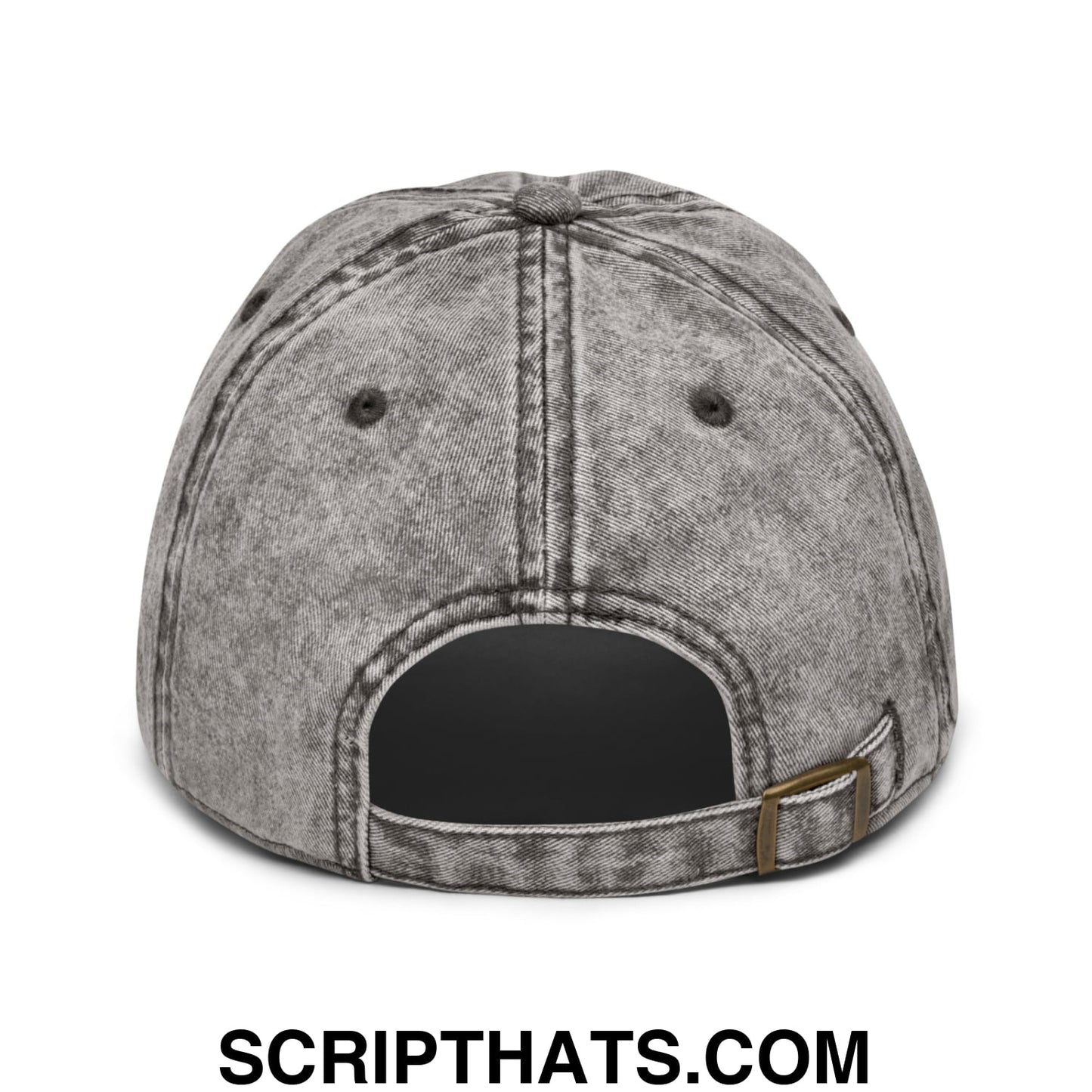 Back view of wife of the party embroidered unstructured denim dad hat in faded gray with stitched panel and brass buckle