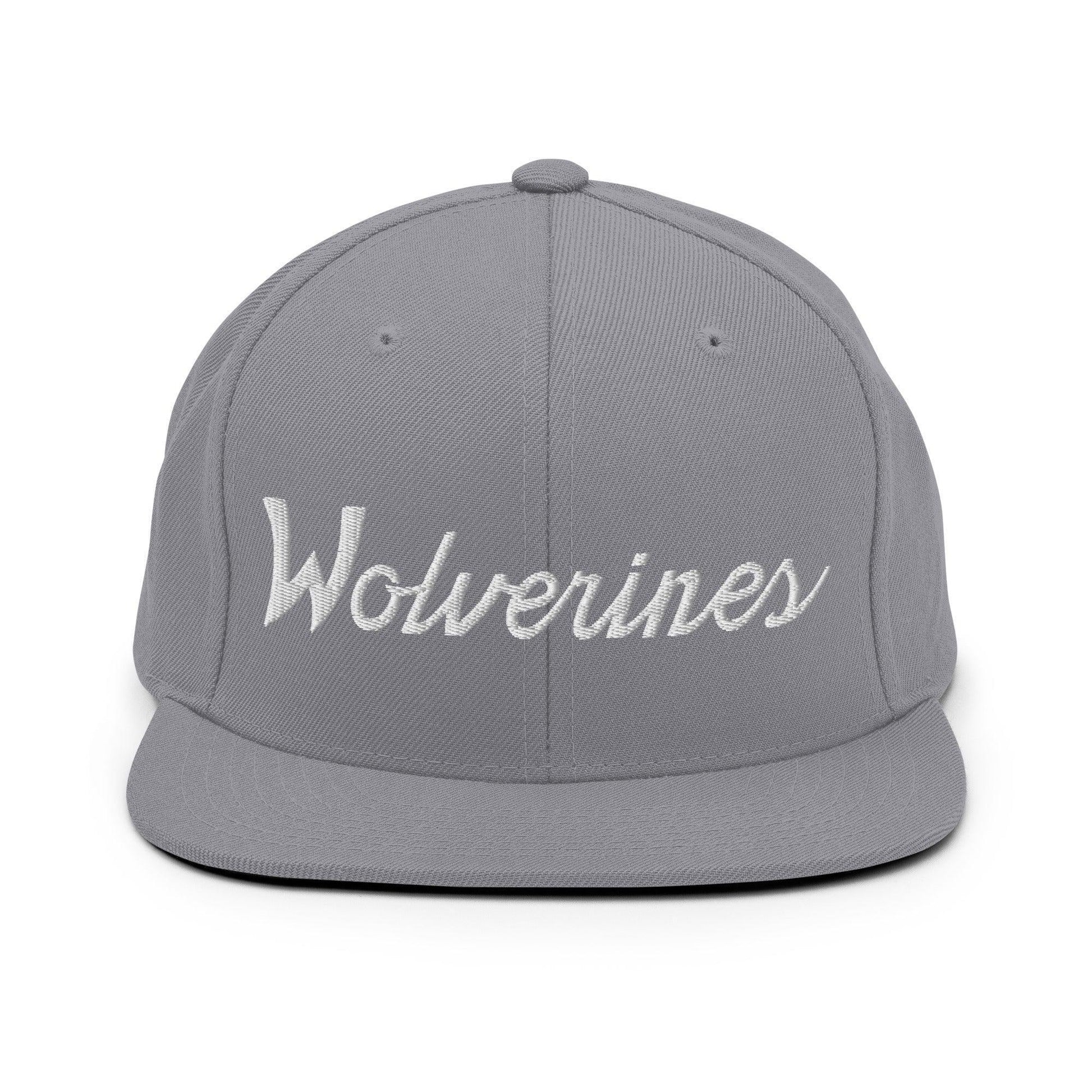 Wolverines School Mascot Script Snapback Hat Silver