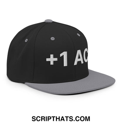 Black snapback cap with gray brim and white embroidered +1 ac text for armor class rpg role playing game