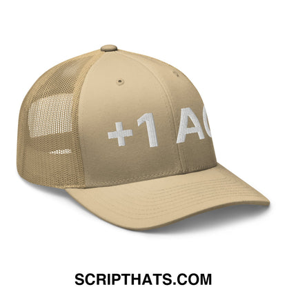 Beige mesh trucker hat with white embroidered plus one a logo for ac armor class rpg role playing game fans