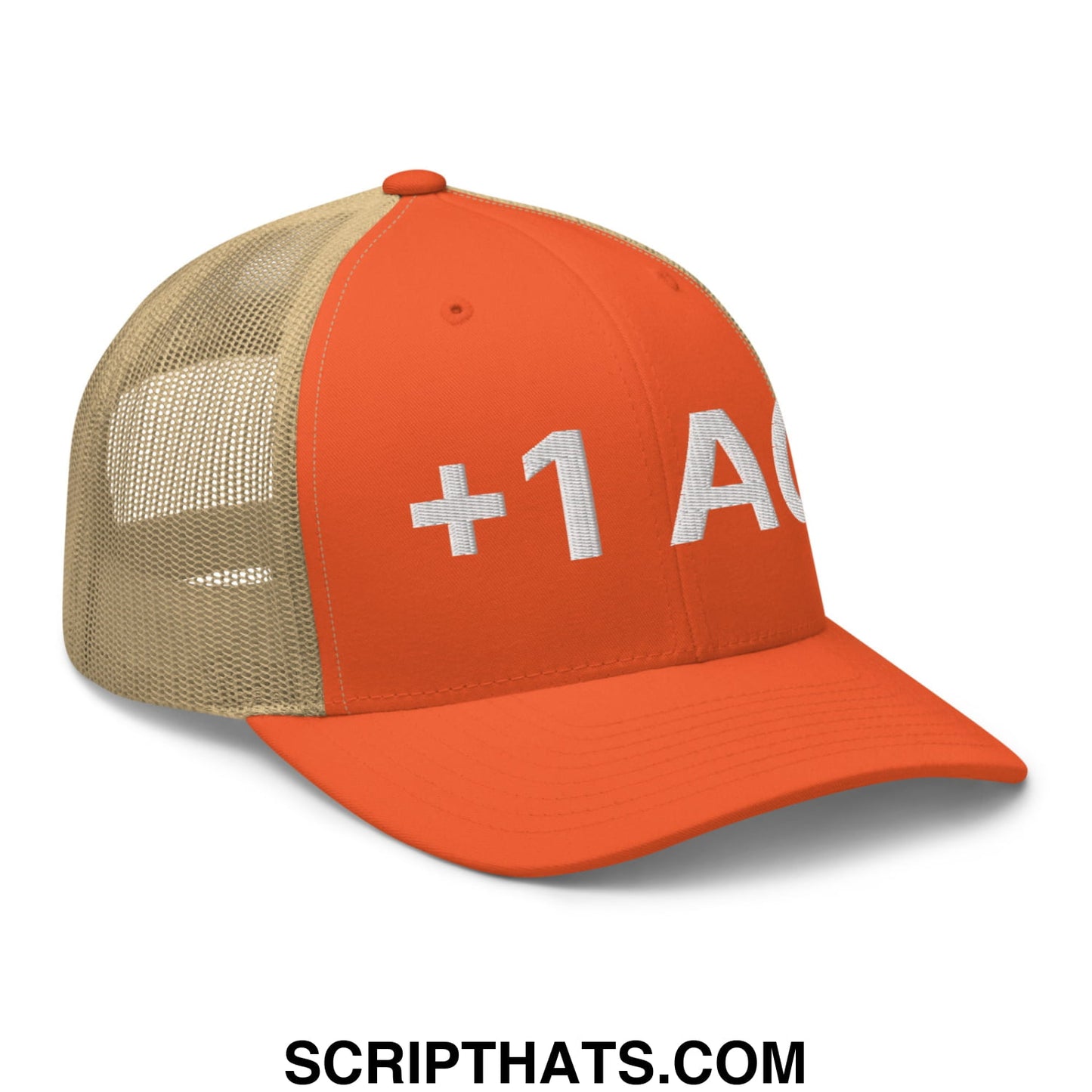 +1 AC Armor Class RPG Role Playing Game Embroidered Mesh Trucker Hat Rustic Orange Khaki