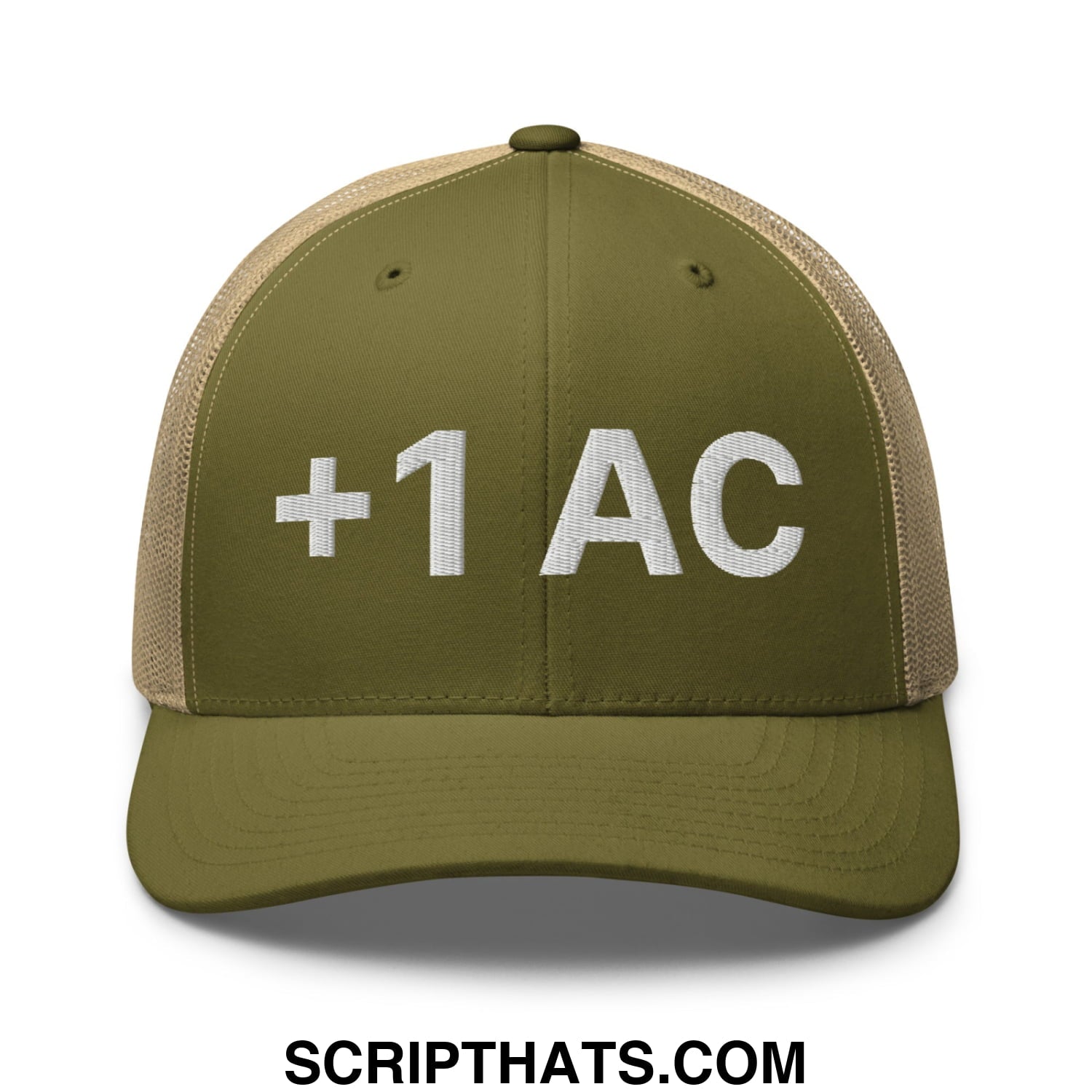 +1 AC Armor Class RPG Role Playing Game Embroidered Mesh Trucker Hat Moss Khaki