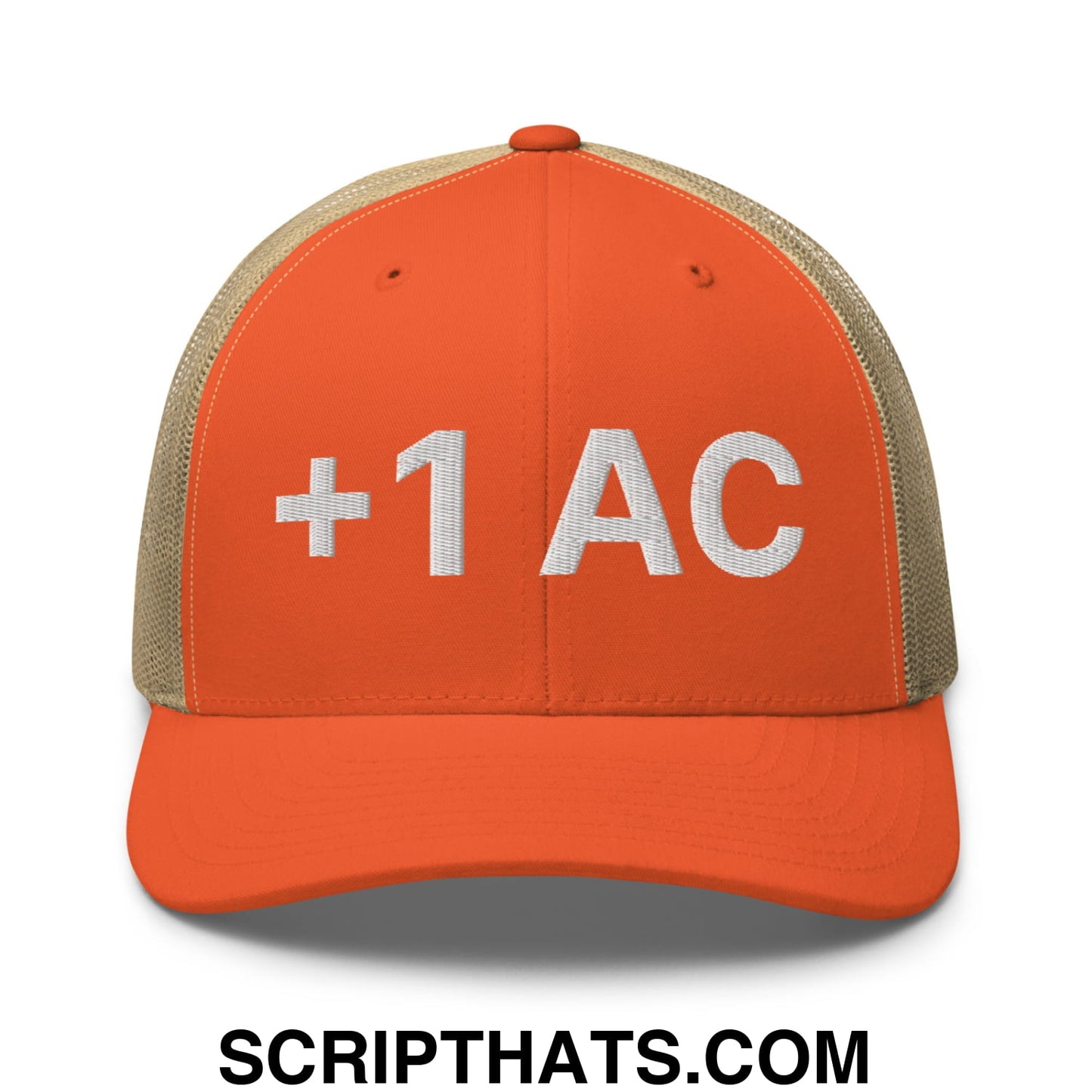 +1 AC Armor Class RPG Role Playing Game Embroidered Mesh Trucker Hat Rustic Orange Khaki