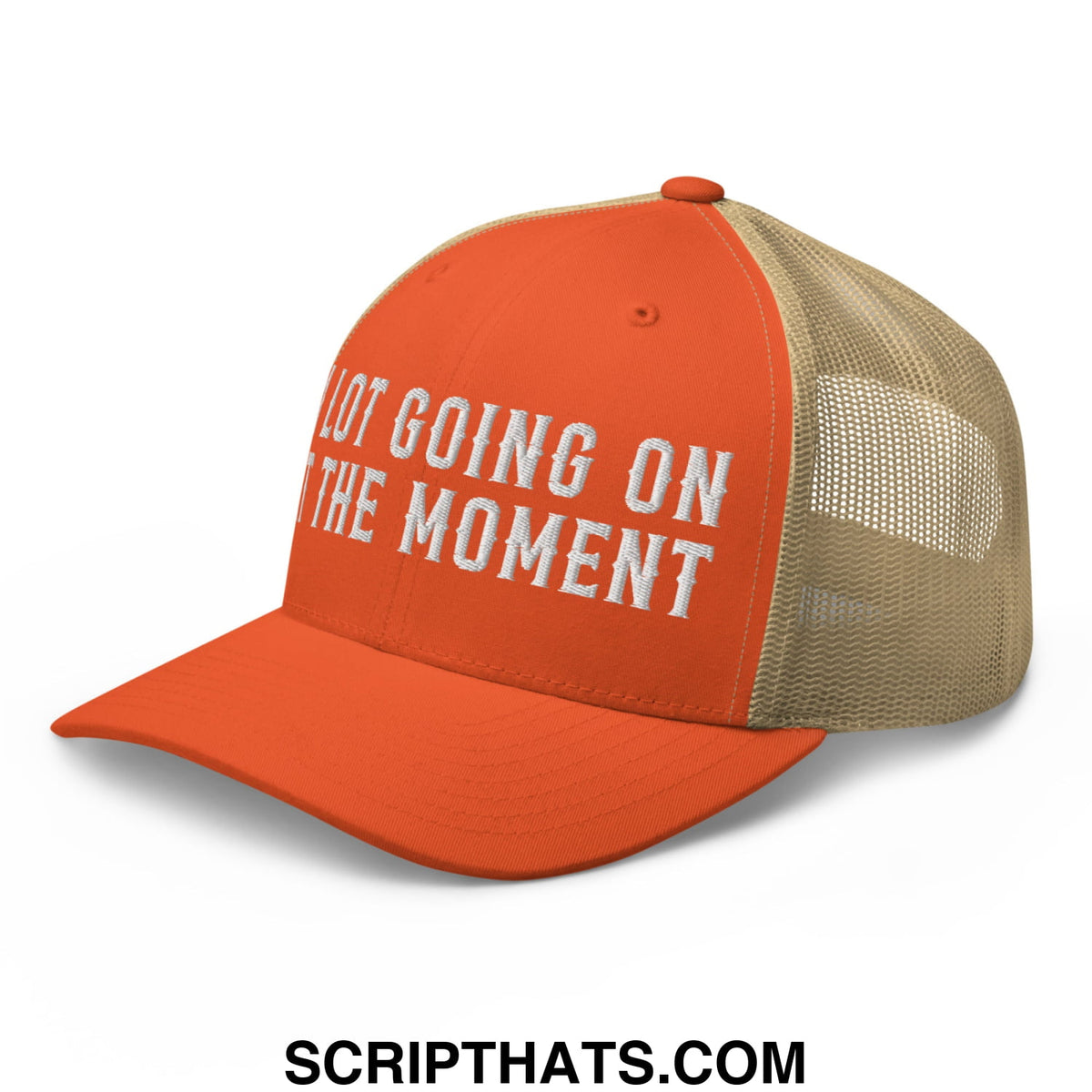 Orange and beige mesh trucker hat with white embroidered text not going on the moment from a lot going on at the moment collection