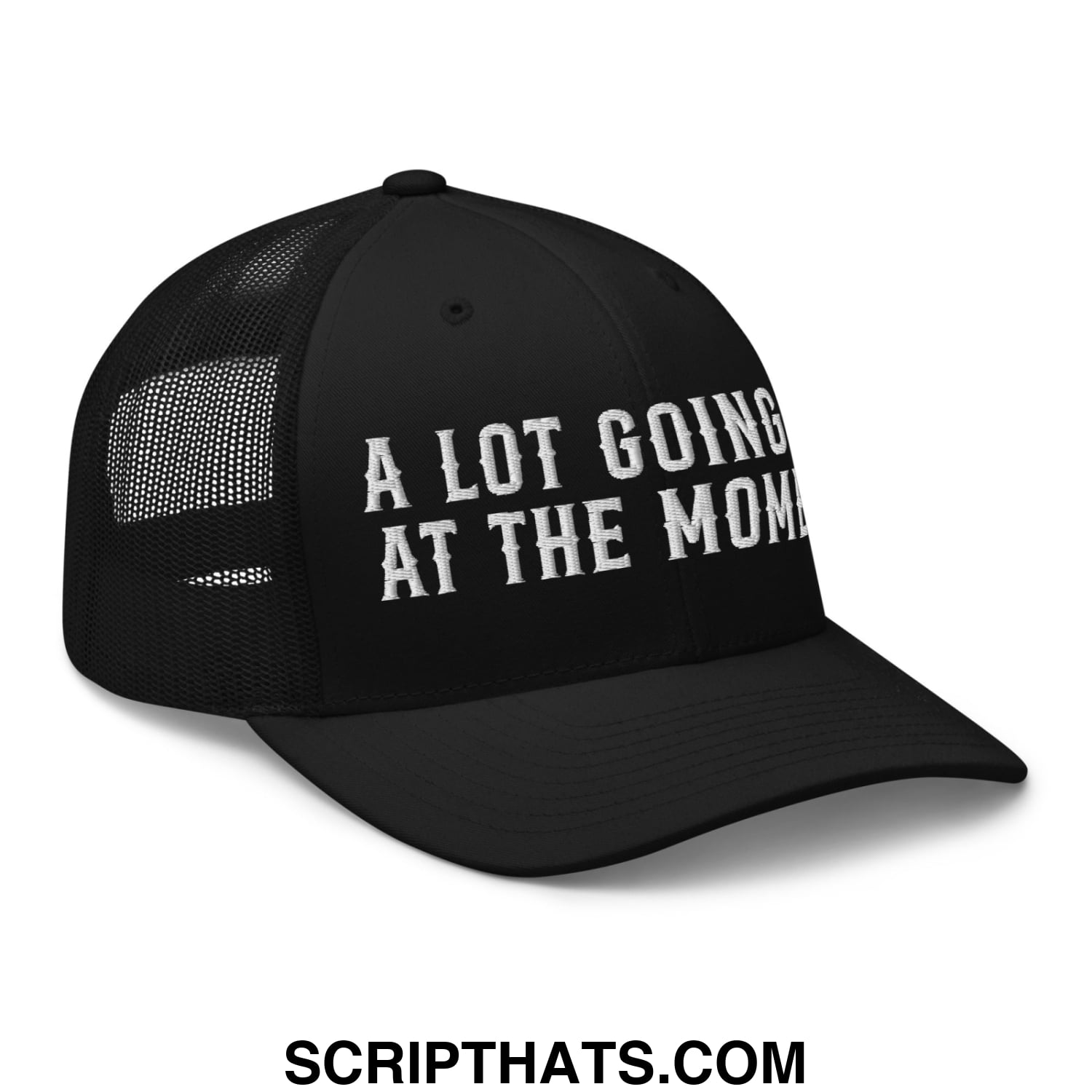 A Lot Going On At The Moment Embroidered Mesh Trucker Hat Black
