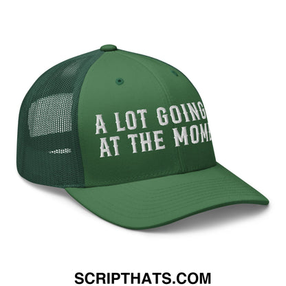 Green mesh trucker hat with white embroidered text a lot going at the mom on front panel for casual wear