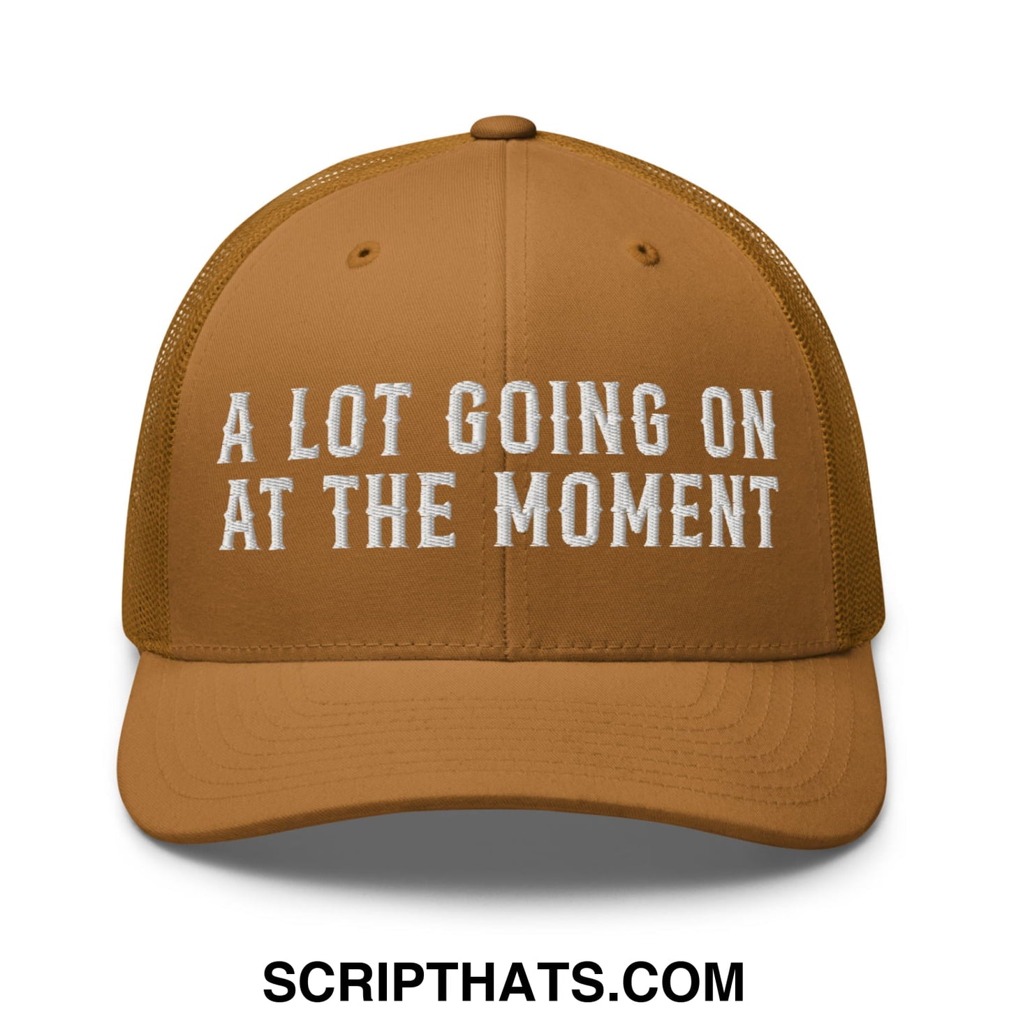 A Lot Going On At The Moment Embroidered Mesh Trucker Hat Caramel