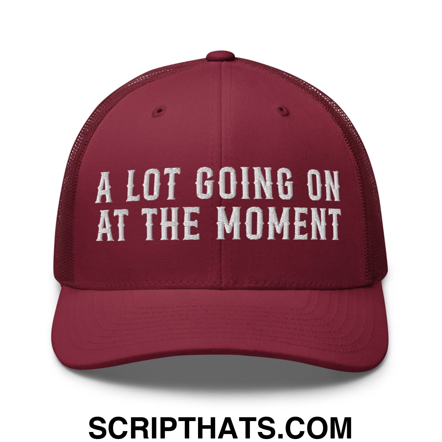 A Lot Going On At The Moment Embroidered Mesh Trucker Hat Cranberry