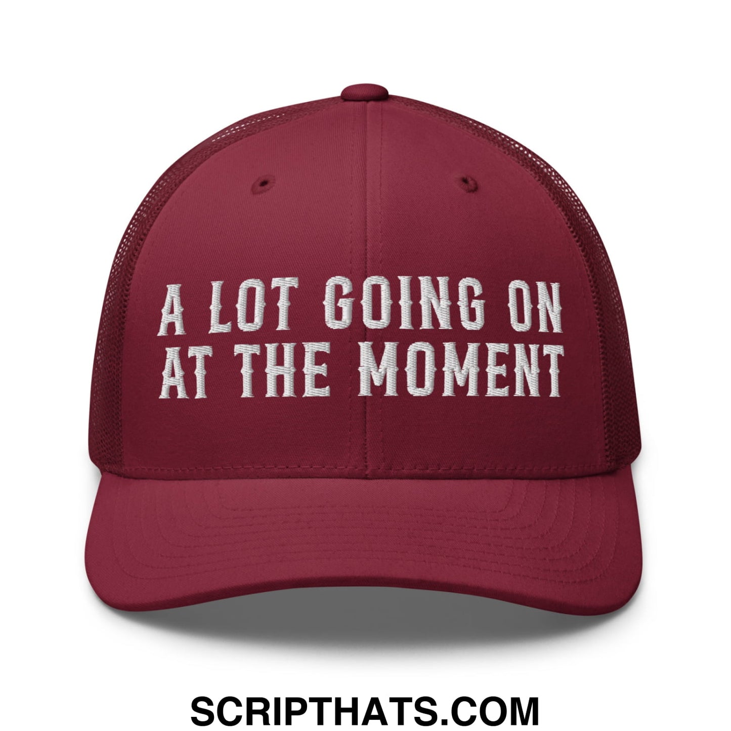 A Lot Going On At The Moment Embroidered Mesh Trucker Hat Cranberry