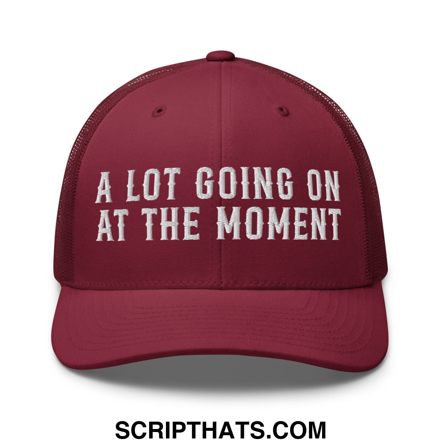 A Lot Going On At The Moment Embroidered Mesh Trucker Hat Cranberry